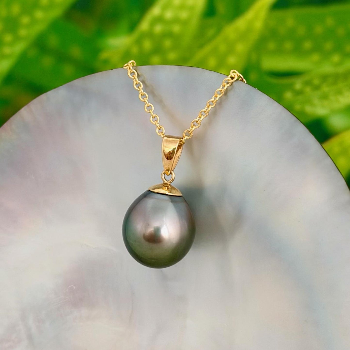 12.3mm Peacock Tahitian Pearl Pendant: Solid Gold • Minimalist Necklace, Colorful Overtone