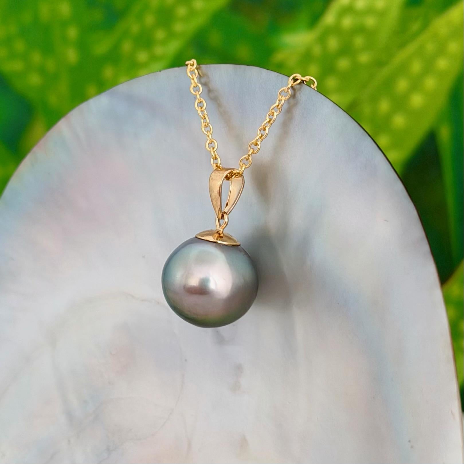 12.7mm Teal Blue Tahitian Pearl Pendant: Solid Gold • Minimalist Necklace, Colorful Overtone