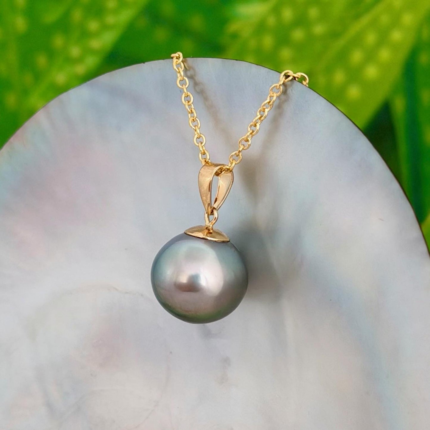 12.7mm Teal Blue Tahitian Pearl Pendant: Solid Gold • Minimalist Necklace, Colorful Overtone