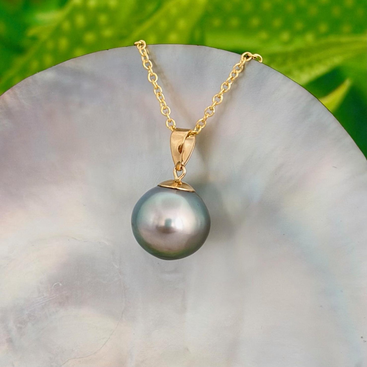 12.7mm Teal Blue Tahitian Pearl Pendant: Solid Gold • Minimalist Necklace, Colorful Overtone