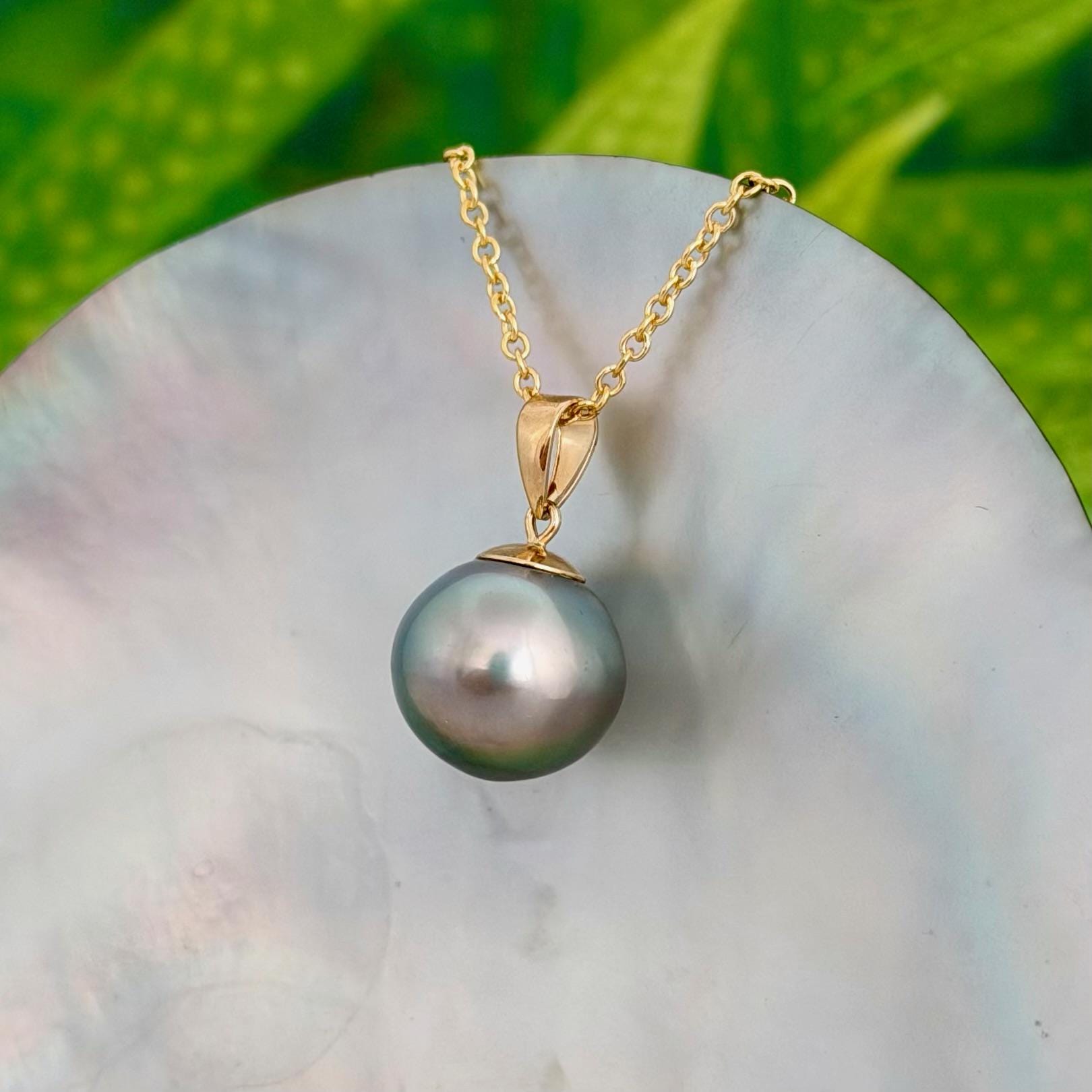 12.7mm Teal Blue Tahitian Pearl Pendant: Solid Gold • Minimalist Necklace, Colorful Overtone