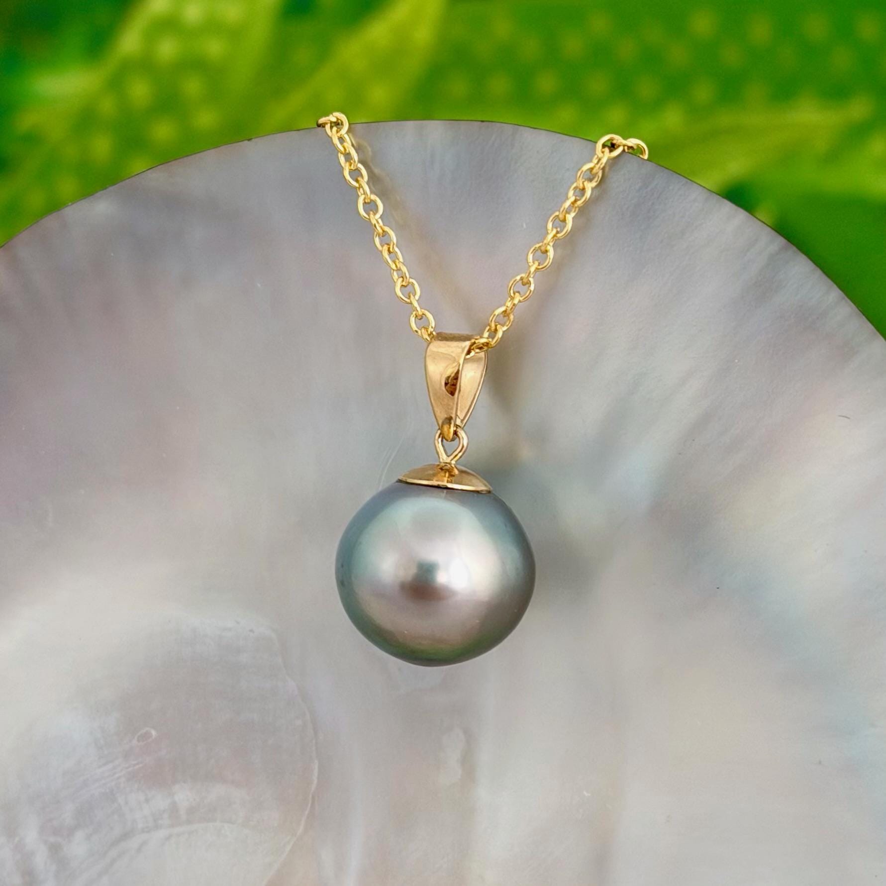 12.7mm Teal Blue Tahitian Pearl Pendant: Solid Gold • Minimalist Necklace, Colorful Overtone