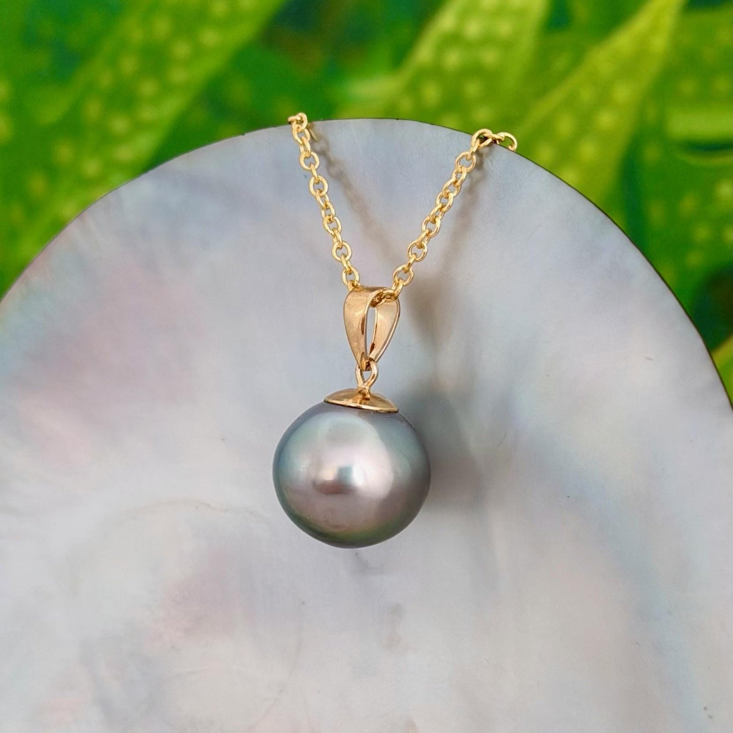 12.7mm Teal Blue Tahitian Pearl Pendant: Solid Gold • Minimalist Necklace, Colorful Overtone