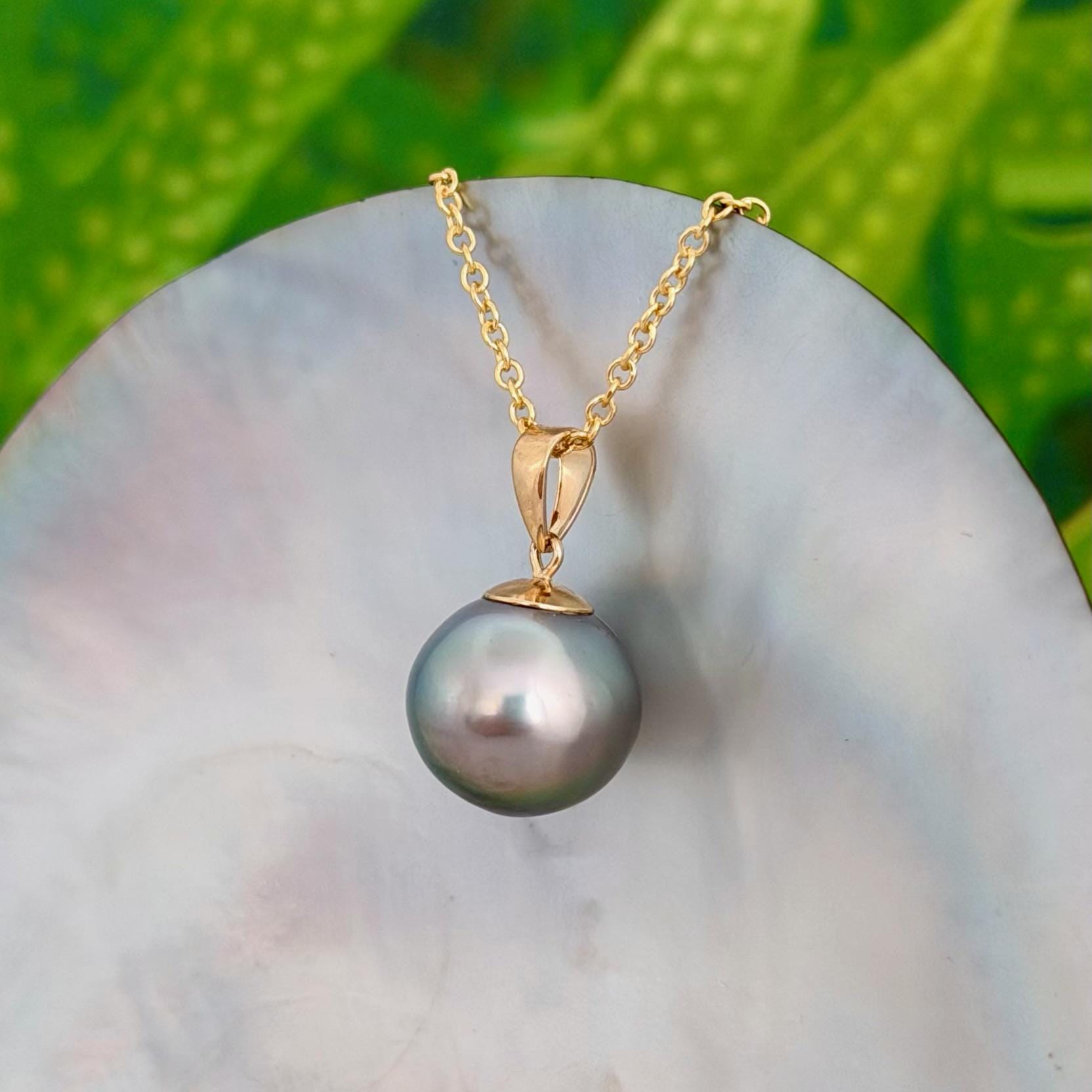 12.7mm Teal Blue Tahitian Pearl Pendant: Solid Gold • Minimalist Necklace, Colorful Overtone
