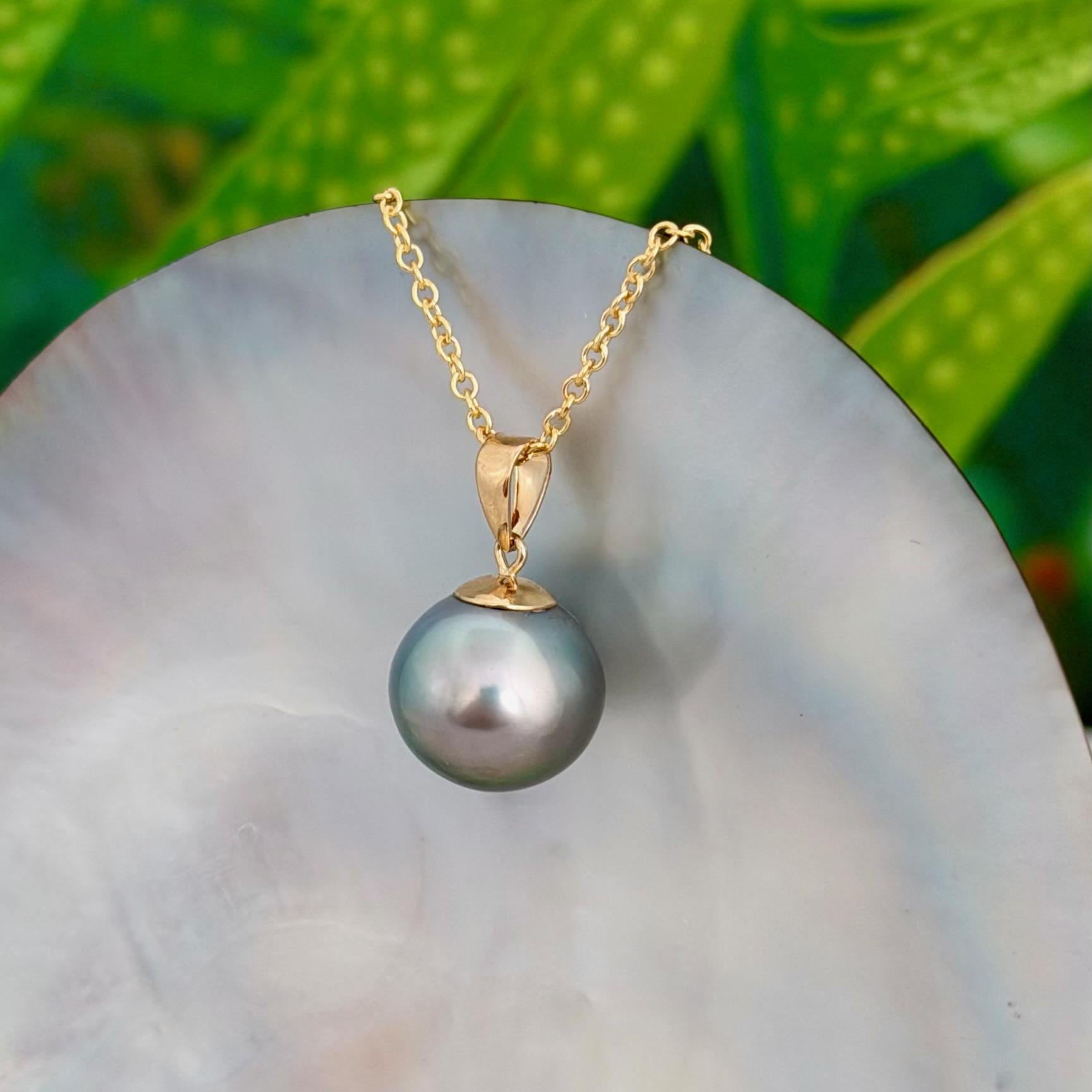 12.7mm Teal Blue Tahitian Pearl Pendant: Solid Gold • Minimalist Necklace, Colorful Overtone