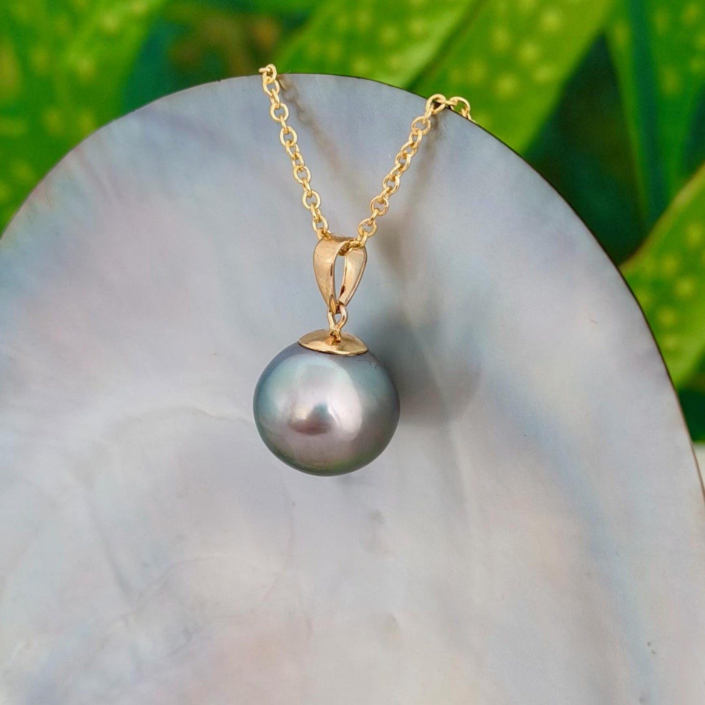 12.7mm Teal Blue Tahitian Pearl Pendant: Solid Gold • Minimalist Necklace, Colorful Overtone