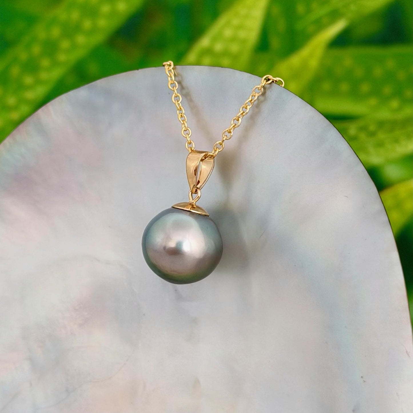 12.7mm Teal Blue Tahitian Pearl Pendant: Solid Gold • Minimalist Necklace, Colorful Overtone
