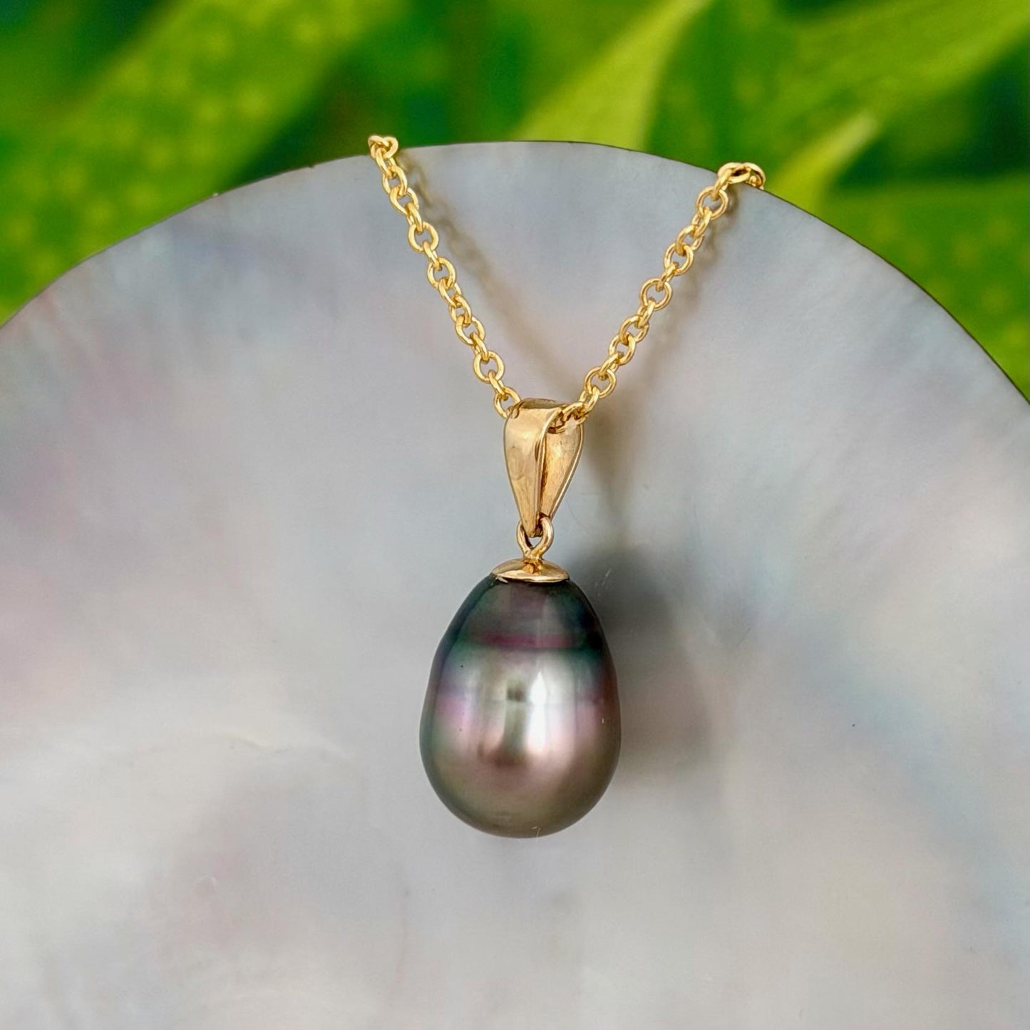 10.5mm Peacock Purple Tahitian Pearl Pendant: Solid Gold • Minimalist Necklace, Colorful Overtone