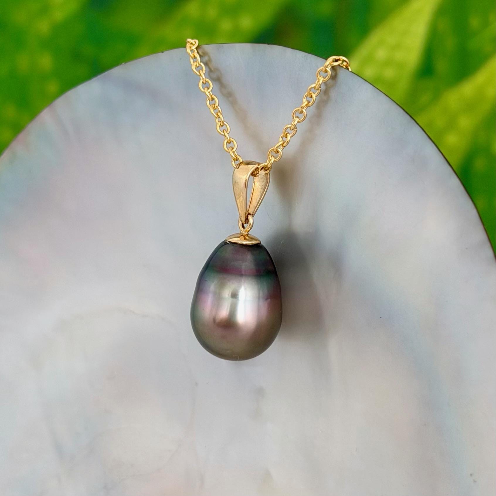10.5mm Peacock Purple Tahitian Pearl Pendant: Solid Gold • Minimalist Necklace, Colorful Overtone