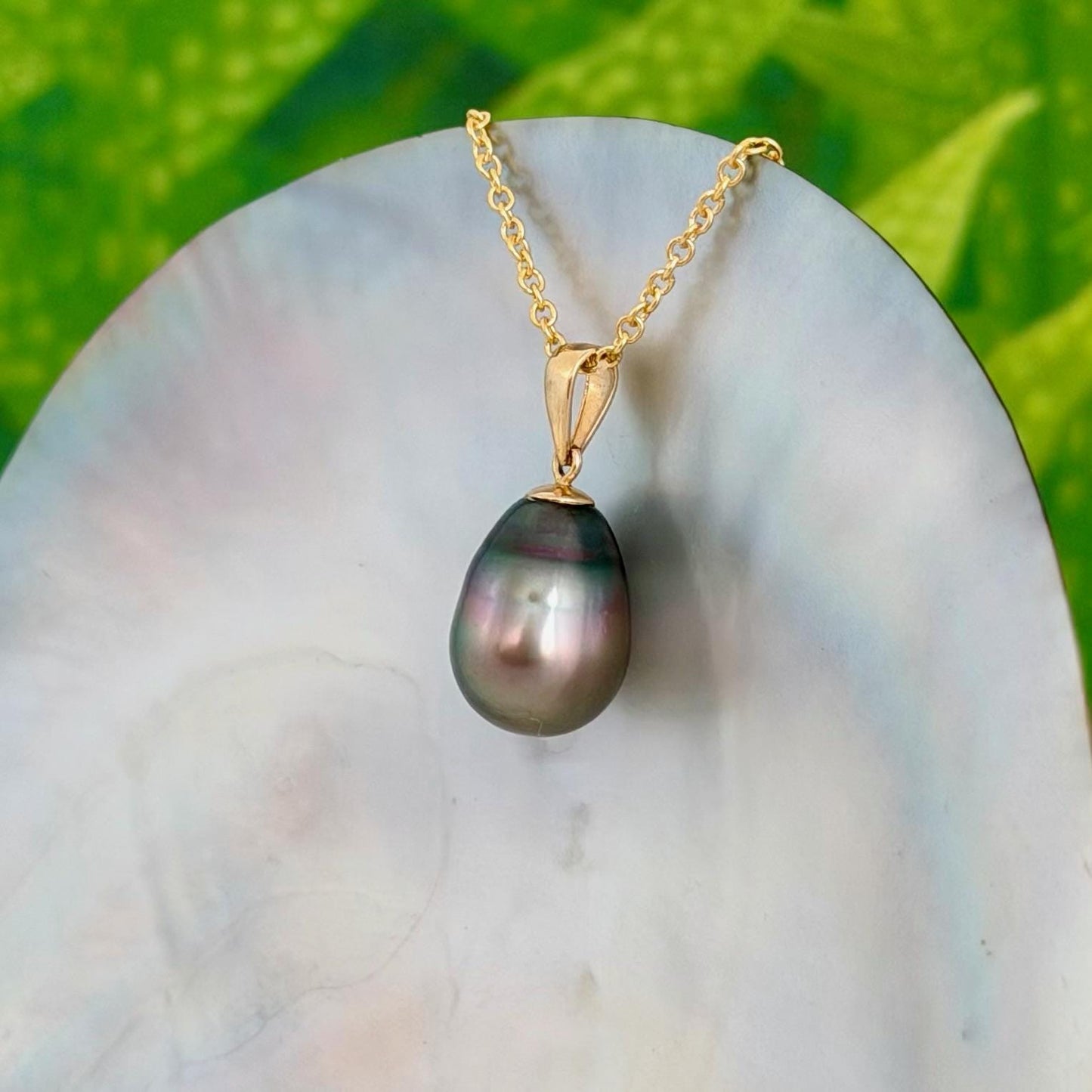 10.5mm Peacock Purple Tahitian Pearl Pendant: Solid Gold • Minimalist Necklace, Colorful Overtone