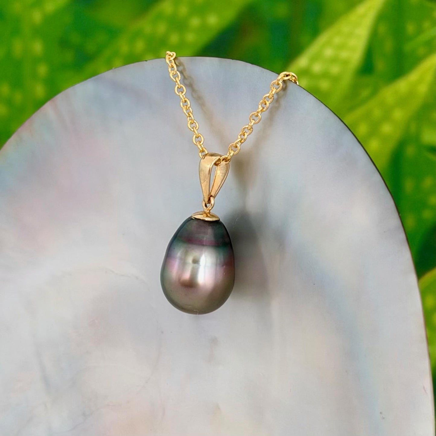 10.5mm Peacock Purple Tahitian Pearl Pendant: Solid Gold • Minimalist Necklace, Colorful Overtone