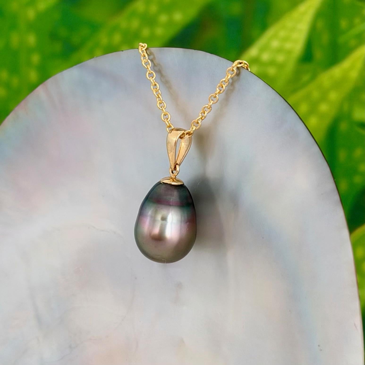 10.5mm Peacock Purple Tahitian Pearl Pendant: Solid Gold • Minimalist Necklace, Colorful Overtone