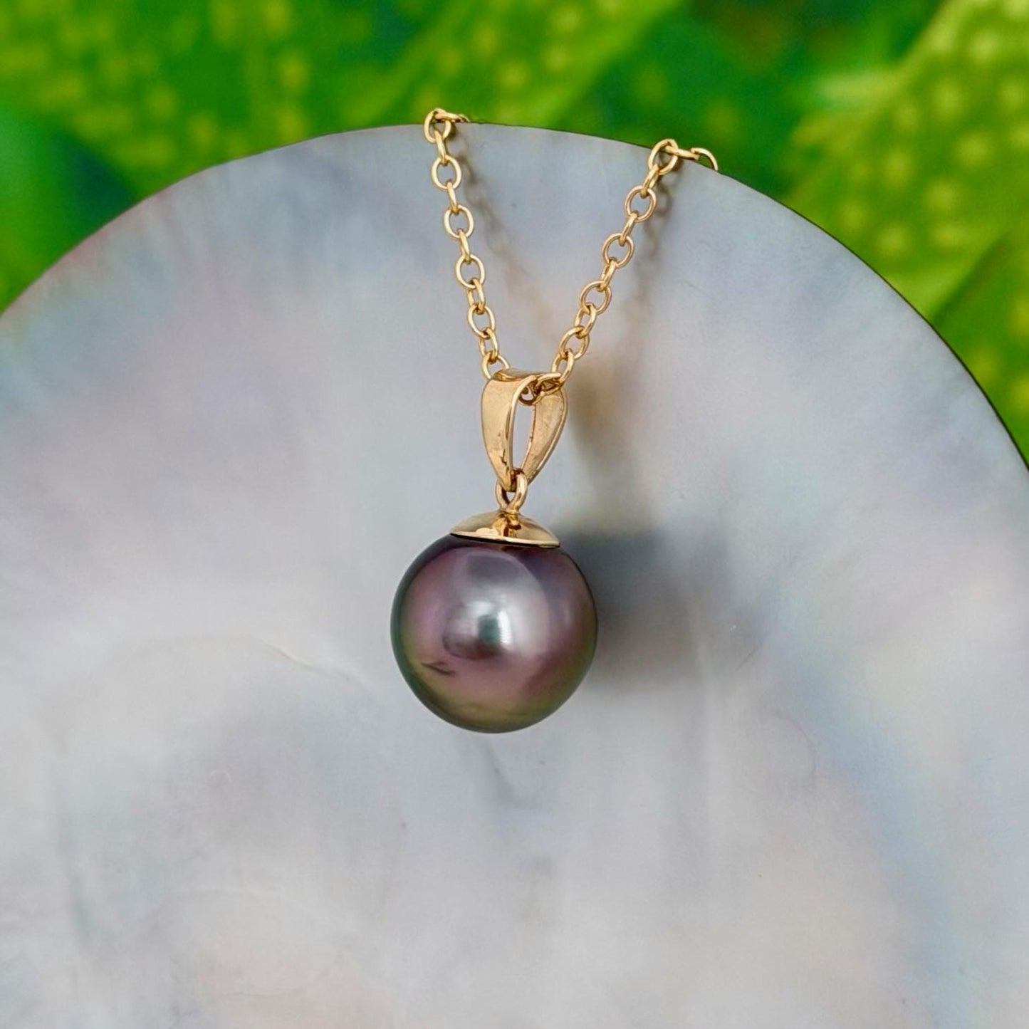 11mm Peacock lavender Green Pink Tahitian Pearl Pendant: Solid Gold • Minimalist Necklace, Colorful Overtone