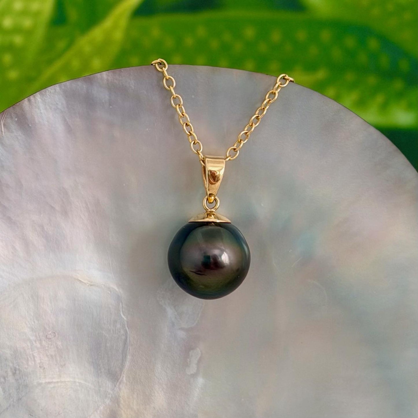 11.5mm Peacock Tahitian Pearl Pendant: Solid Gold • Minimalist Necklace, Green color