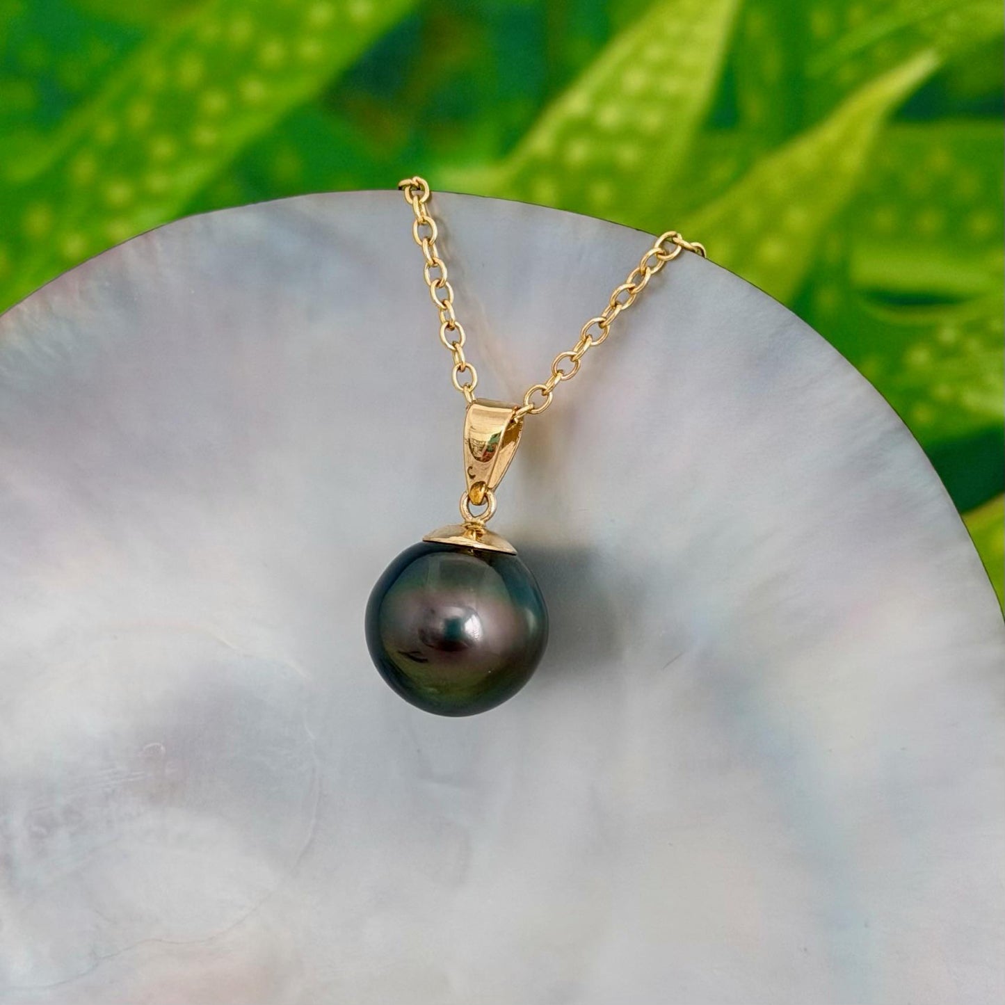 11.5mm Peacock Tahitian Pearl Pendant: Solid Gold • Minimalist Necklace, Green color