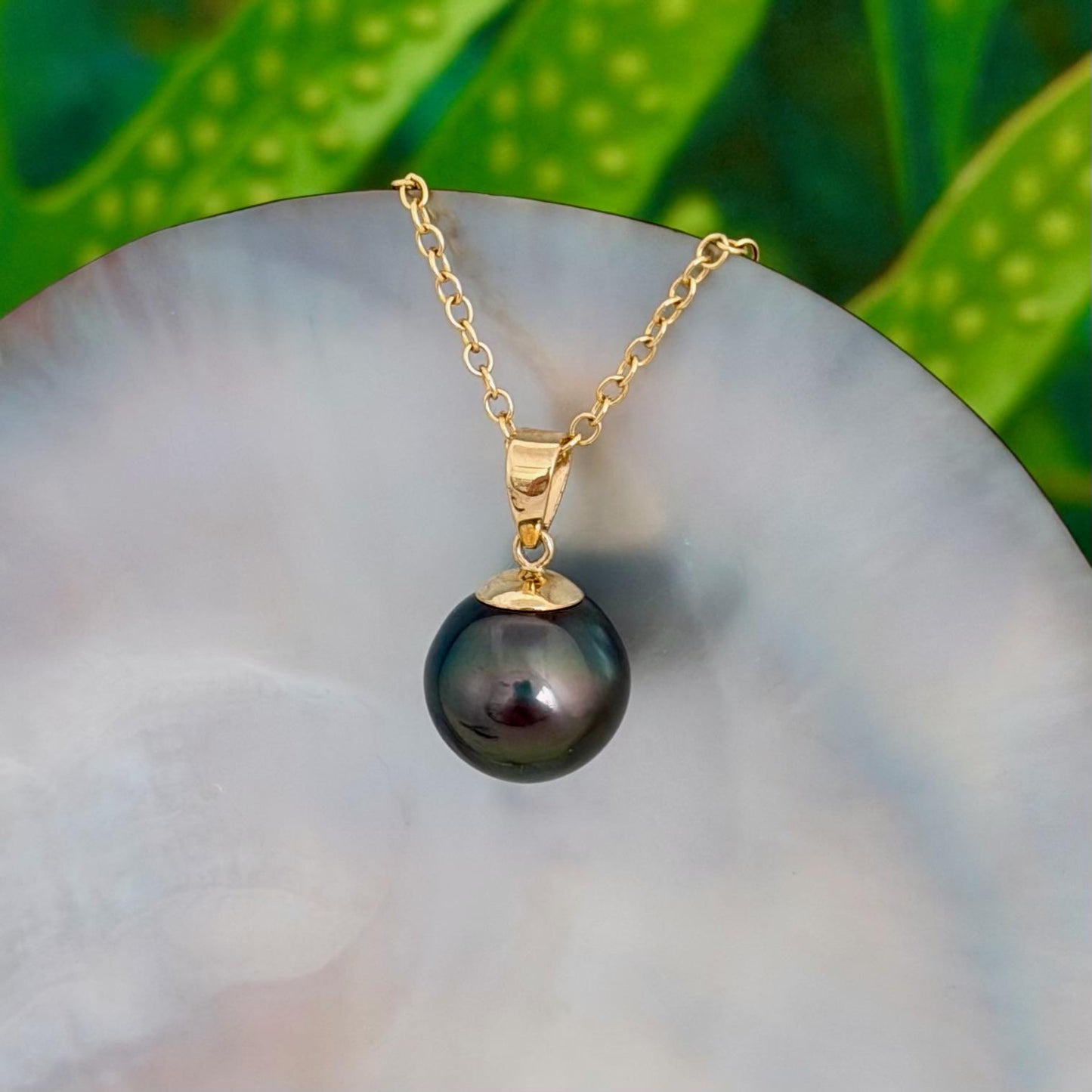 11.5mm Peacock Tahitian Pearl Pendant: Solid Gold • Minimalist Necklace, Green color