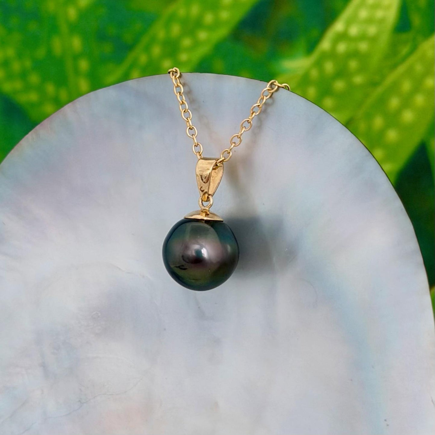 11.5mm Peacock Tahitian Pearl Pendant: Solid Gold • Minimalist Necklace, Green color