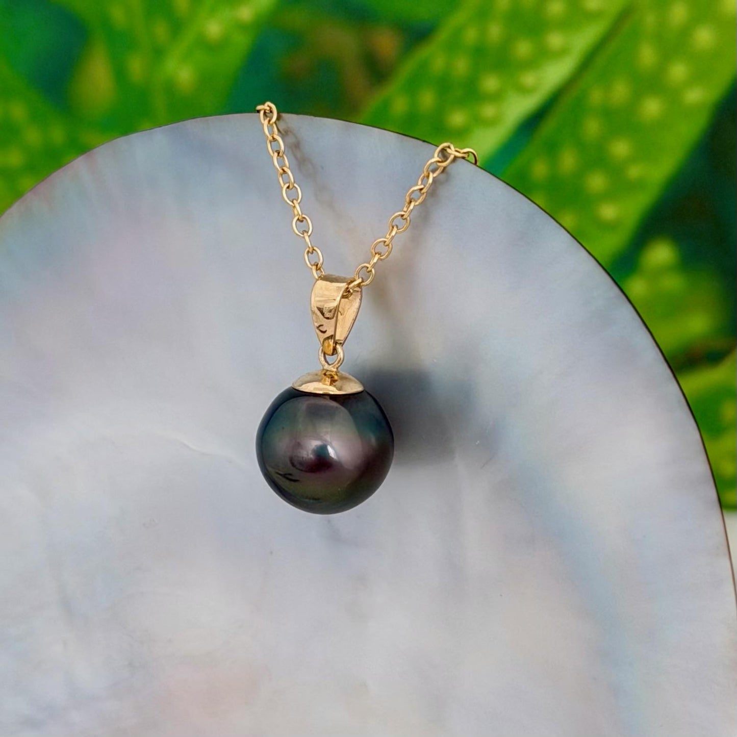 11.5mm Peacock Tahitian Pearl Pendant: Solid Gold • Minimalist Necklace, Green color