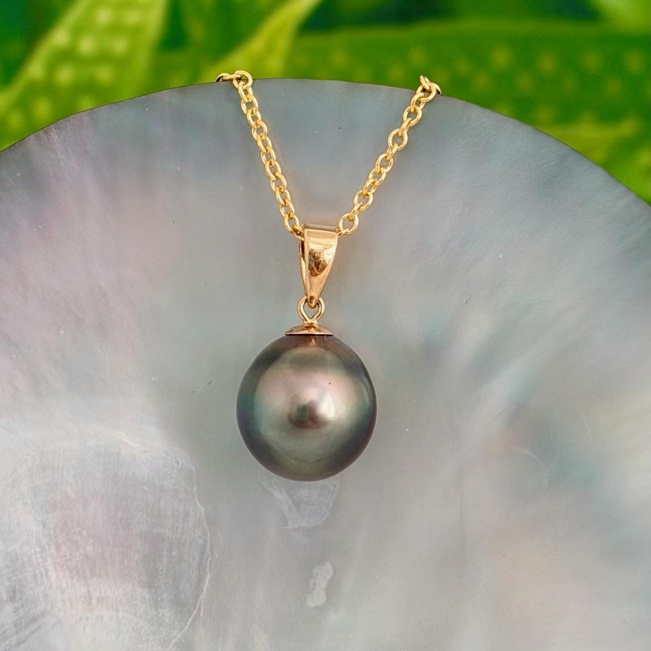 11.5mm Peacock Tahitian Pearl Pendant: Solid Gold • Minimalist Necklace, Colorful Overtone