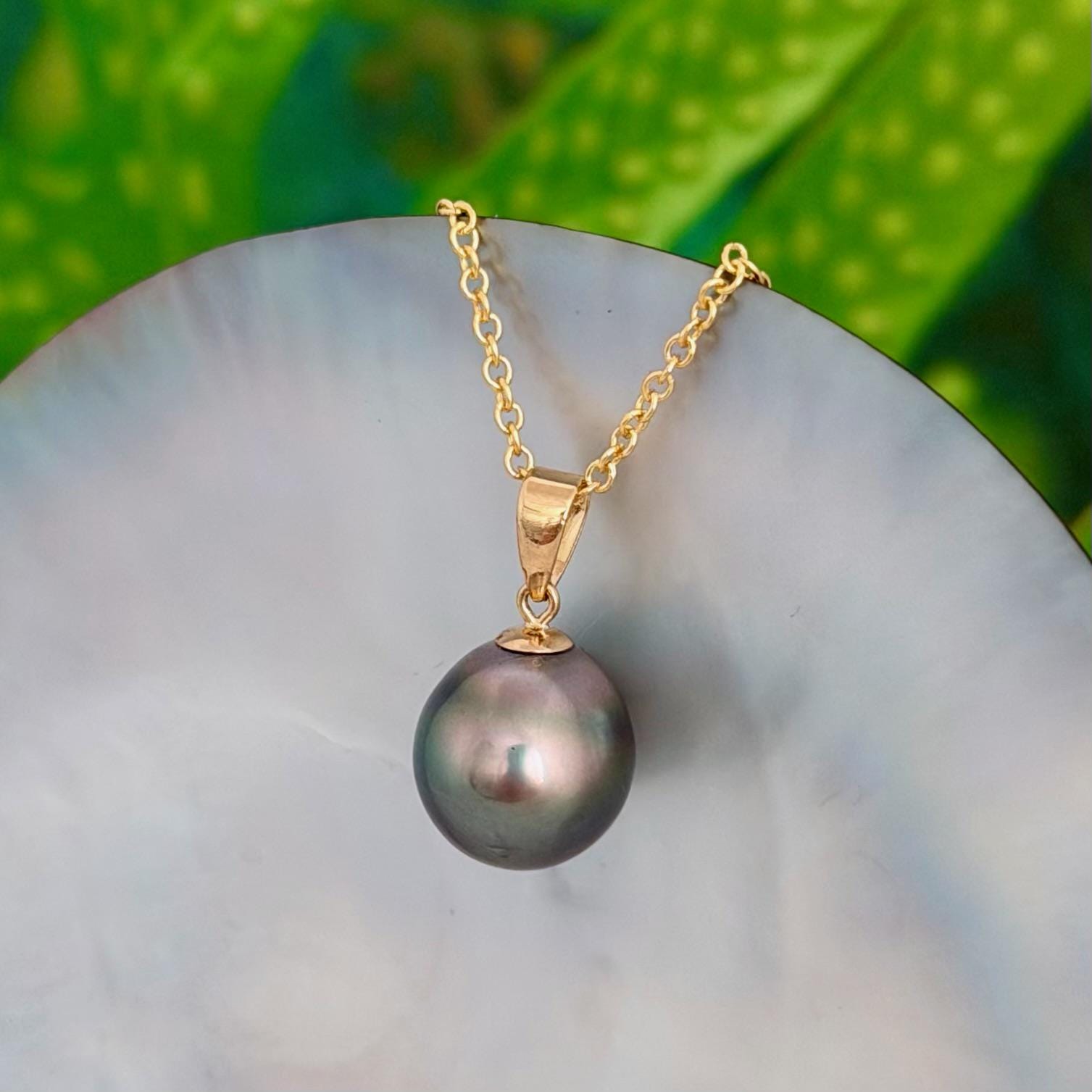 11.5mm Peacock Tahitian Pearl Pendant: Solid Gold • Minimalist Necklace, Colorful Overtone