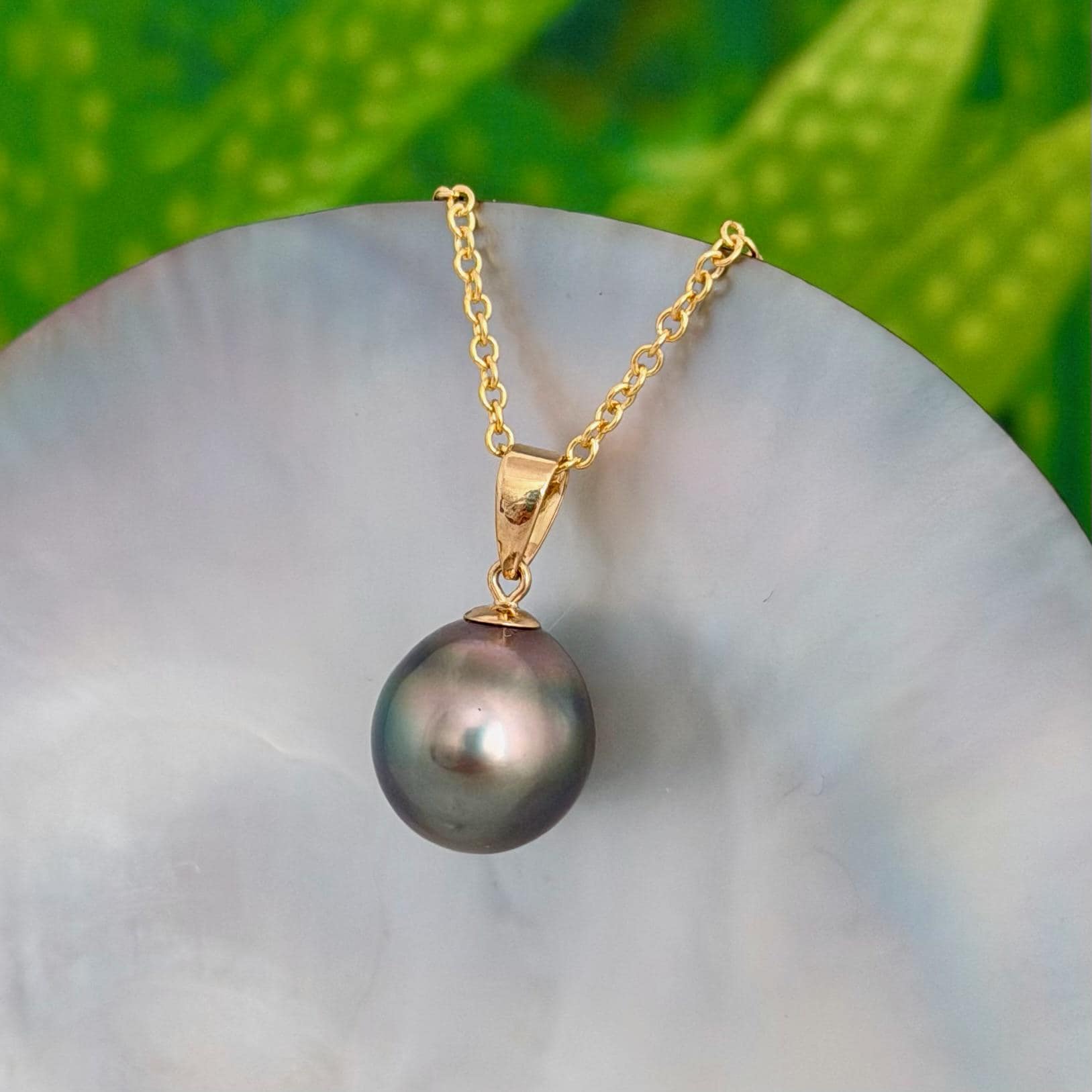 11.5mm Peacock Tahitian Pearl Pendant: Solid Gold • Minimalist Necklace, Colorful Overtone