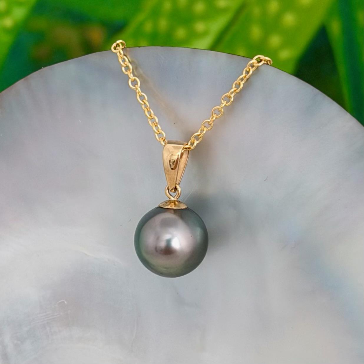 10.4mm Peacock Tahitian Pearl Pendant: Solid Gold • Minimalist Necklace, Colorful Overtone