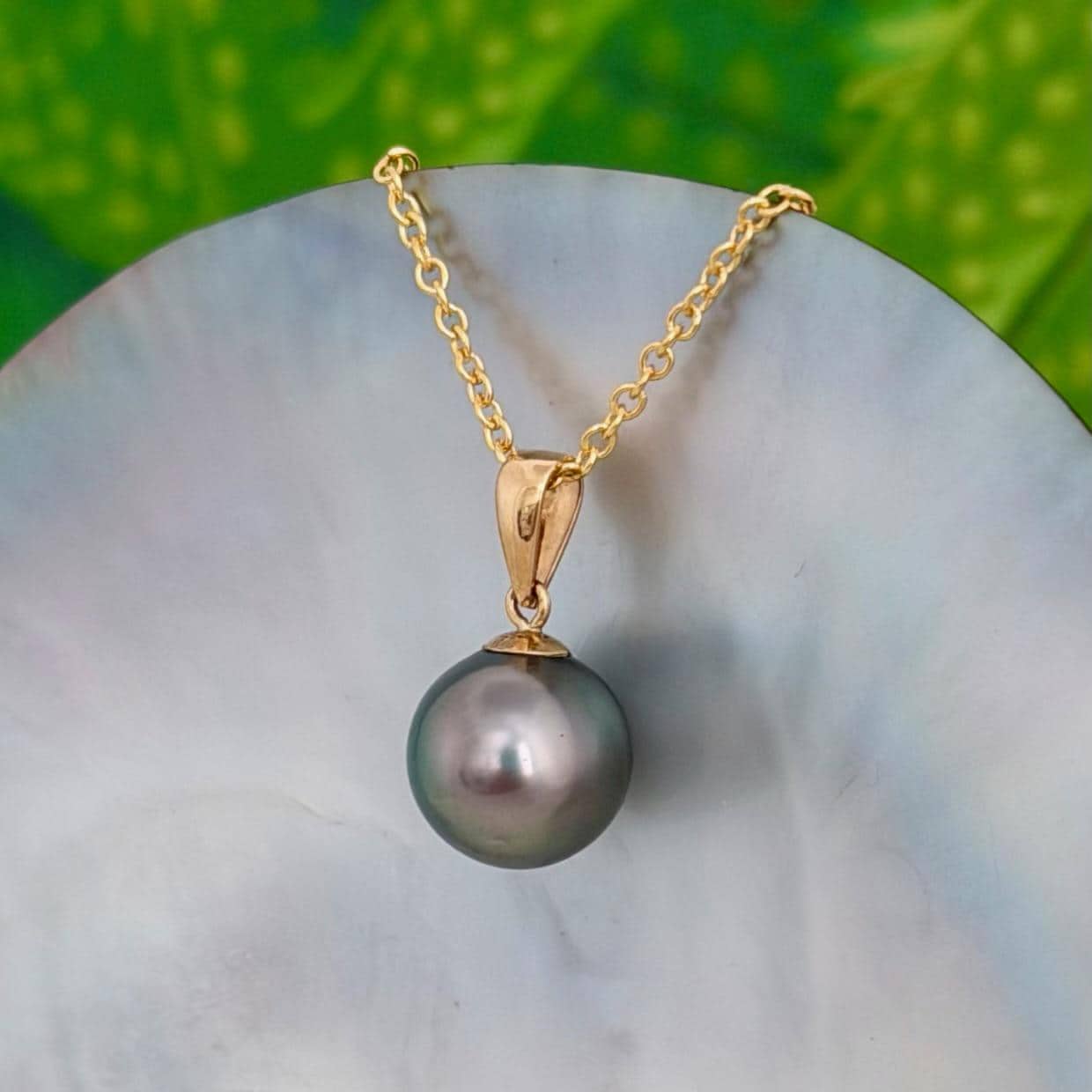10.4mm Peacock Tahitian Pearl Pendant: Solid Gold • Minimalist Necklace, Colorful Overtone