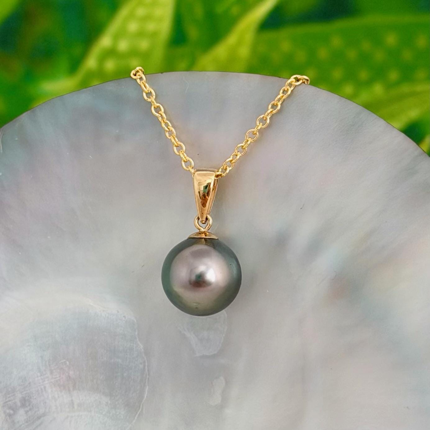 10.4mm Peacock Tahitian Pearl Pendant: Solid Gold • Minimalist Necklace, Colorful Overtone