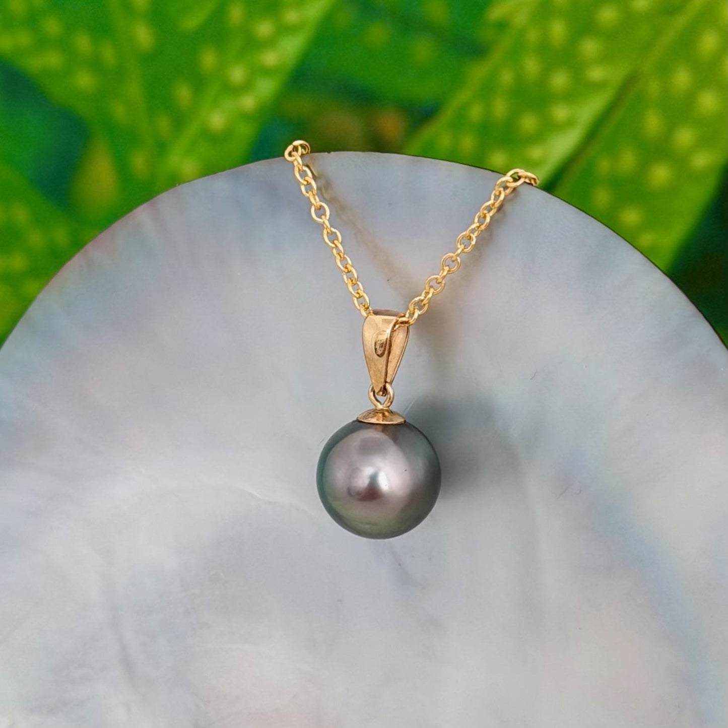 10.4mm Peacock Tahitian Pearl Pendant: Solid Gold • Minimalist Necklace, Colorful Overtone