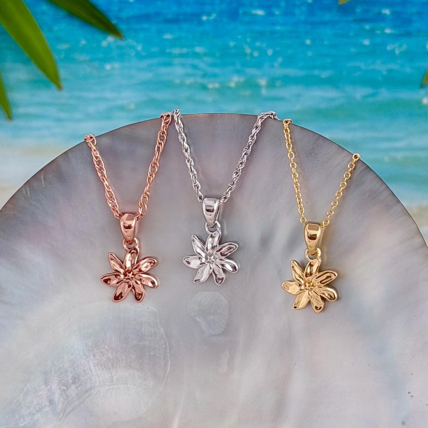 Tiare Flower Necklace : Rose Gold plated • Hawaiian Gardenia Jewelry