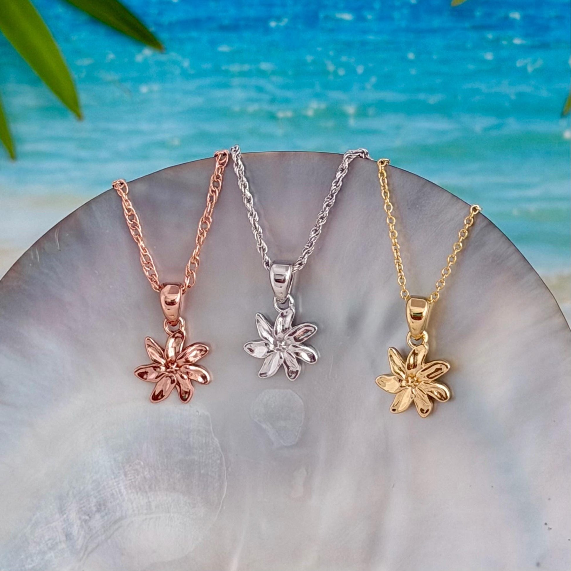 Tiare Flower Necklace : Rose Gold plated • Hawaiian Gardenia Jewelry