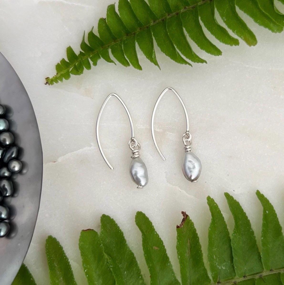 Tahitian Keshi Pearl Dangle Earrings • Minimalist Short drop • Sterling Silver