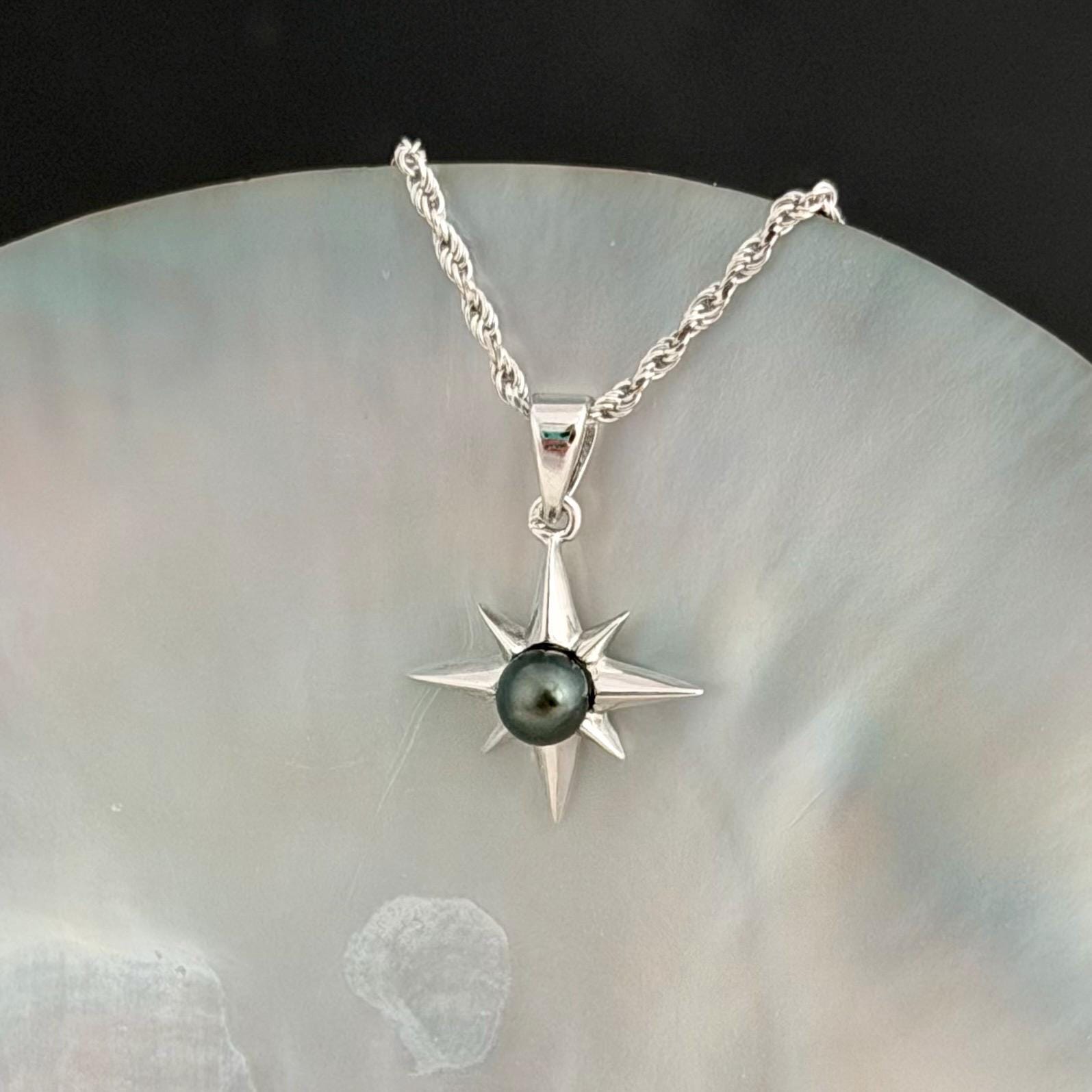 Tahitian Keshi Pearl Star Necklace: Sterling Silver Pendant, Handmade Hawaiian Jewelry