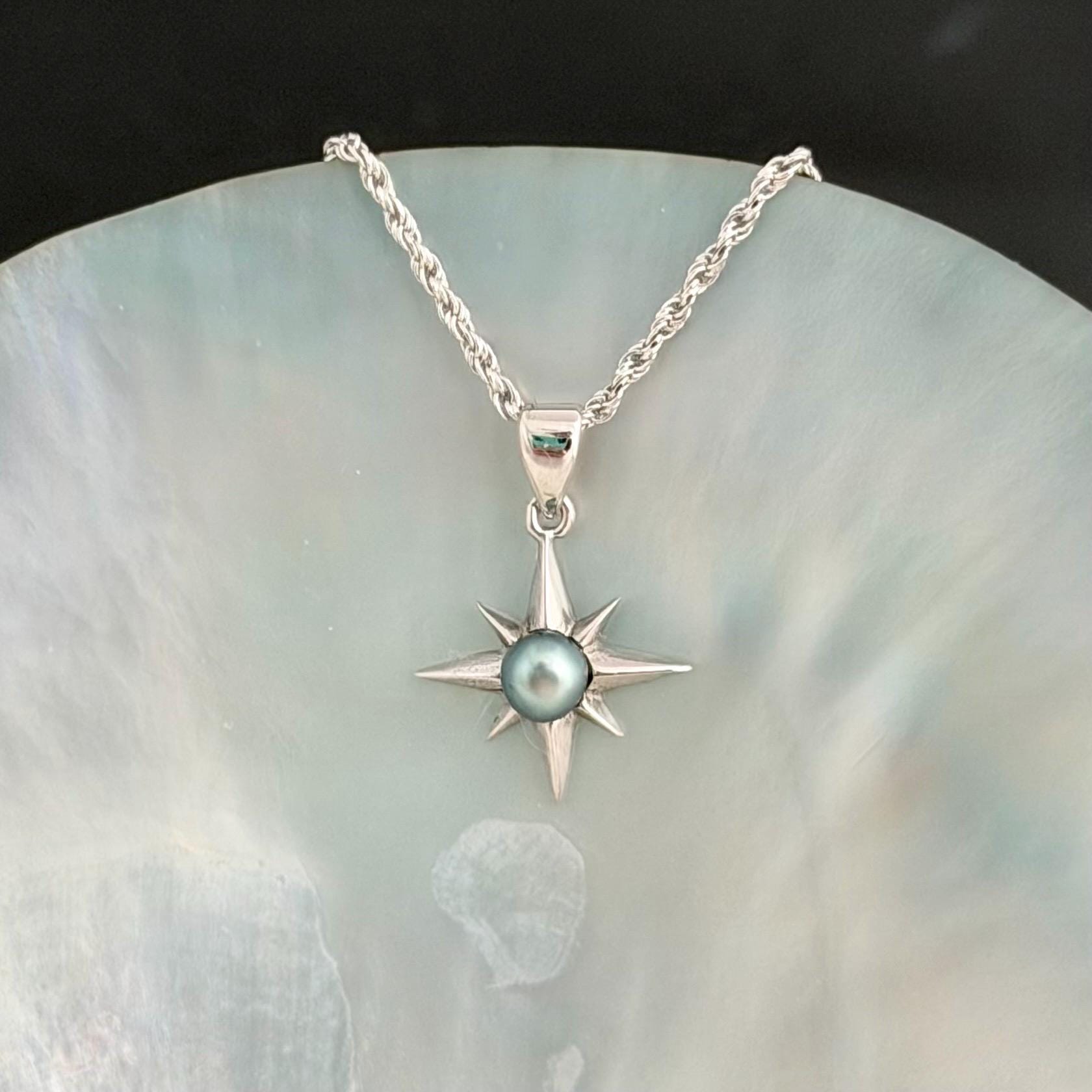 Tahitian Keshi Pearl Star Necklace: Sterling Silver Pendant, Handmade Hawaiian Jewelry