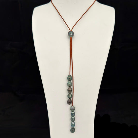 Tahitian Pearl Leather necklace • Long natural jewelry