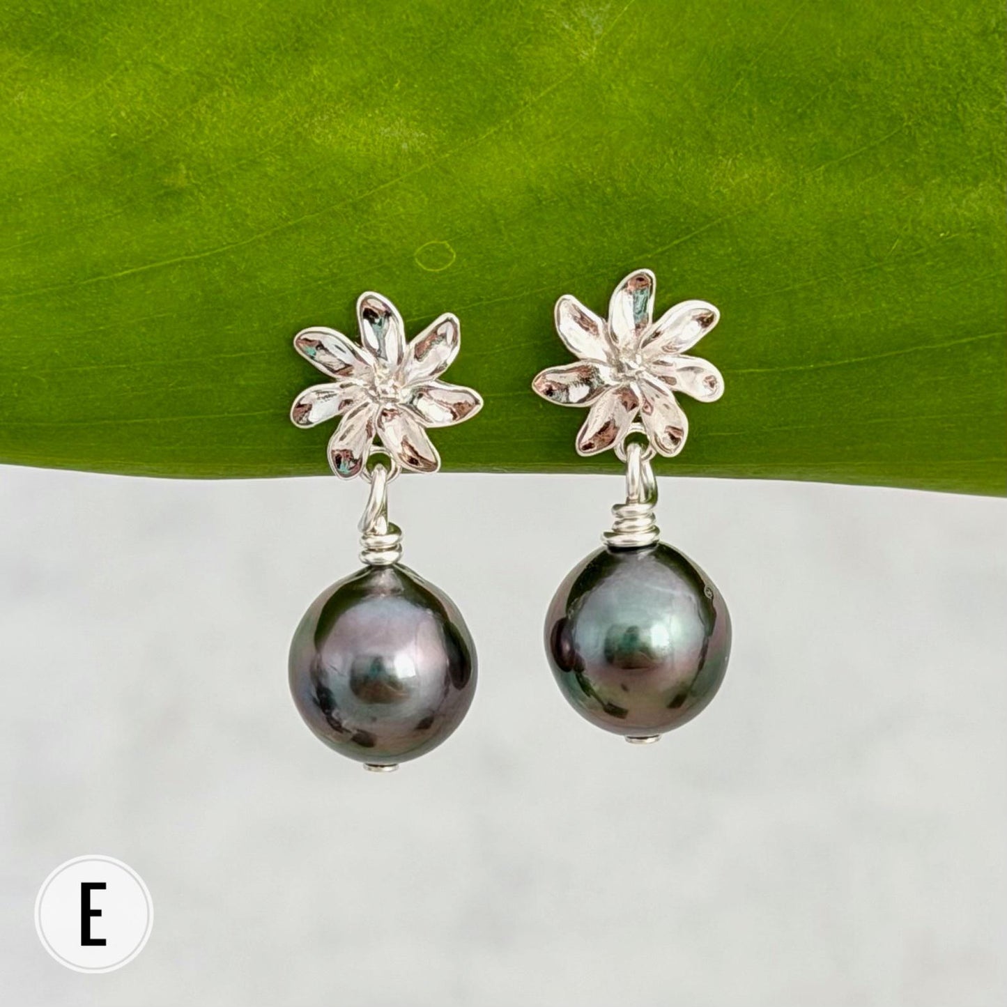 Tahitian pearl earrings — Gardenia Tiare flower • Sterling silver jewelry