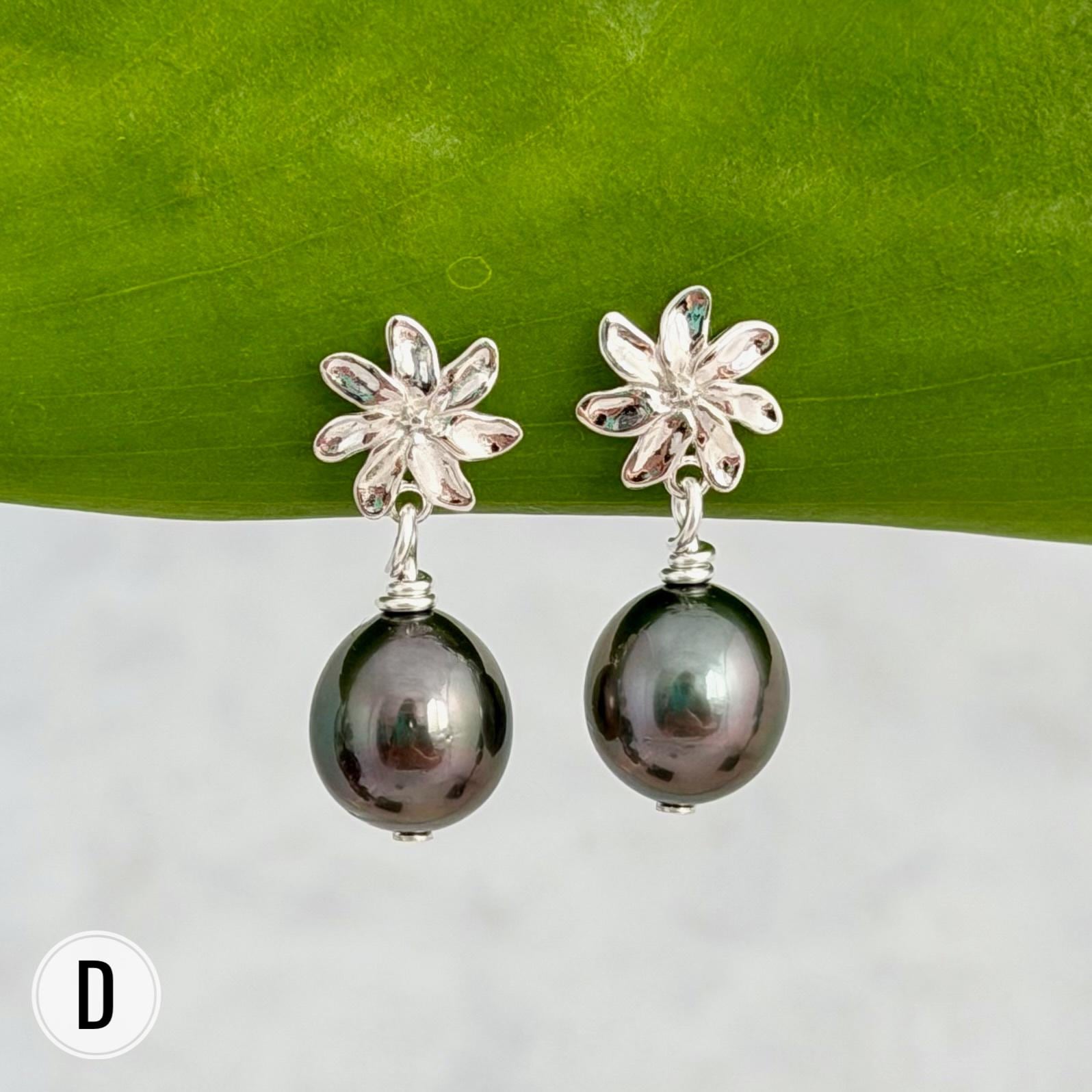 Tahitian pearl earrings — Gardenia Tiare flower • Sterling silver jewelry