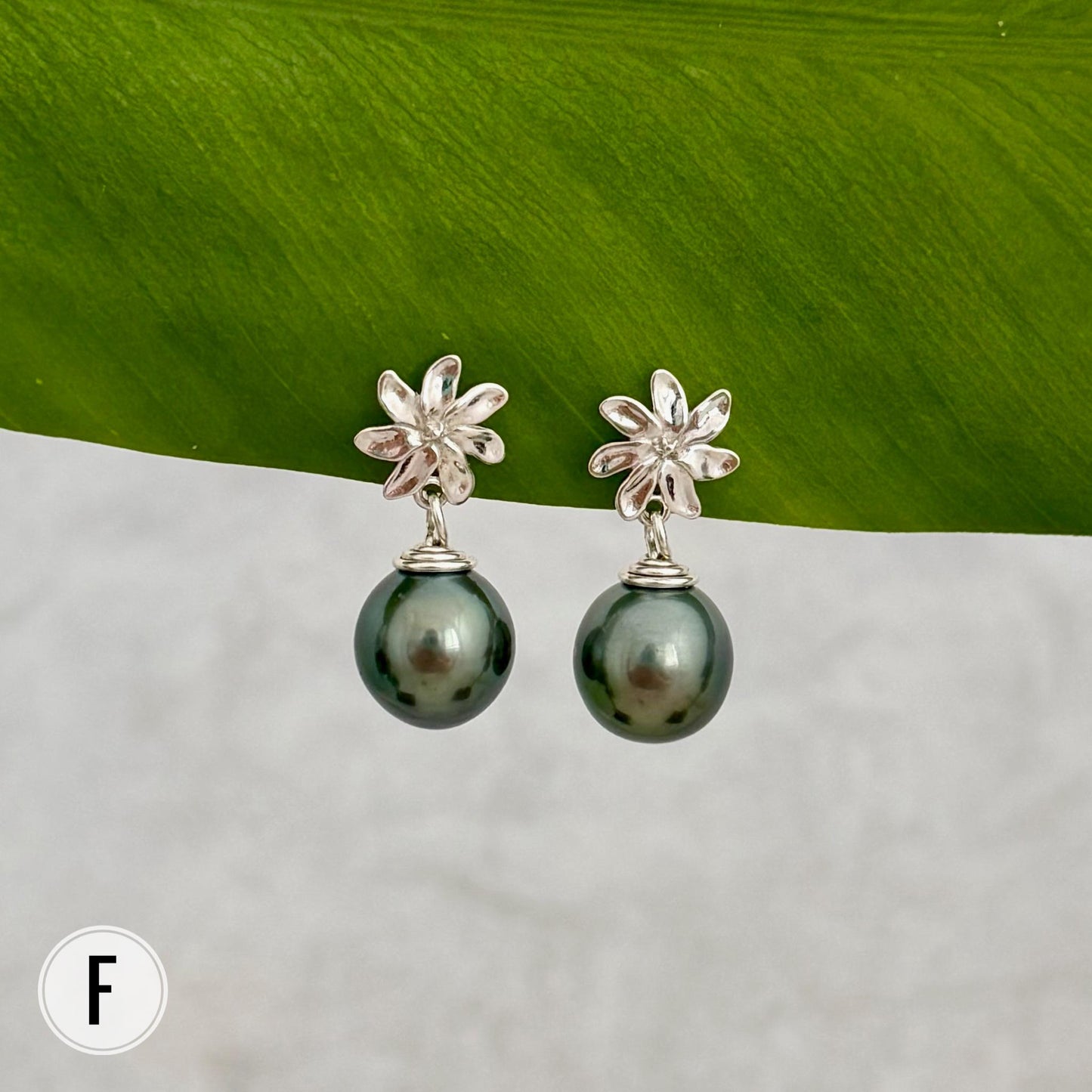 Tahitian pearl earrings — Gardenia Tiare flower • Sterling silver jewelry