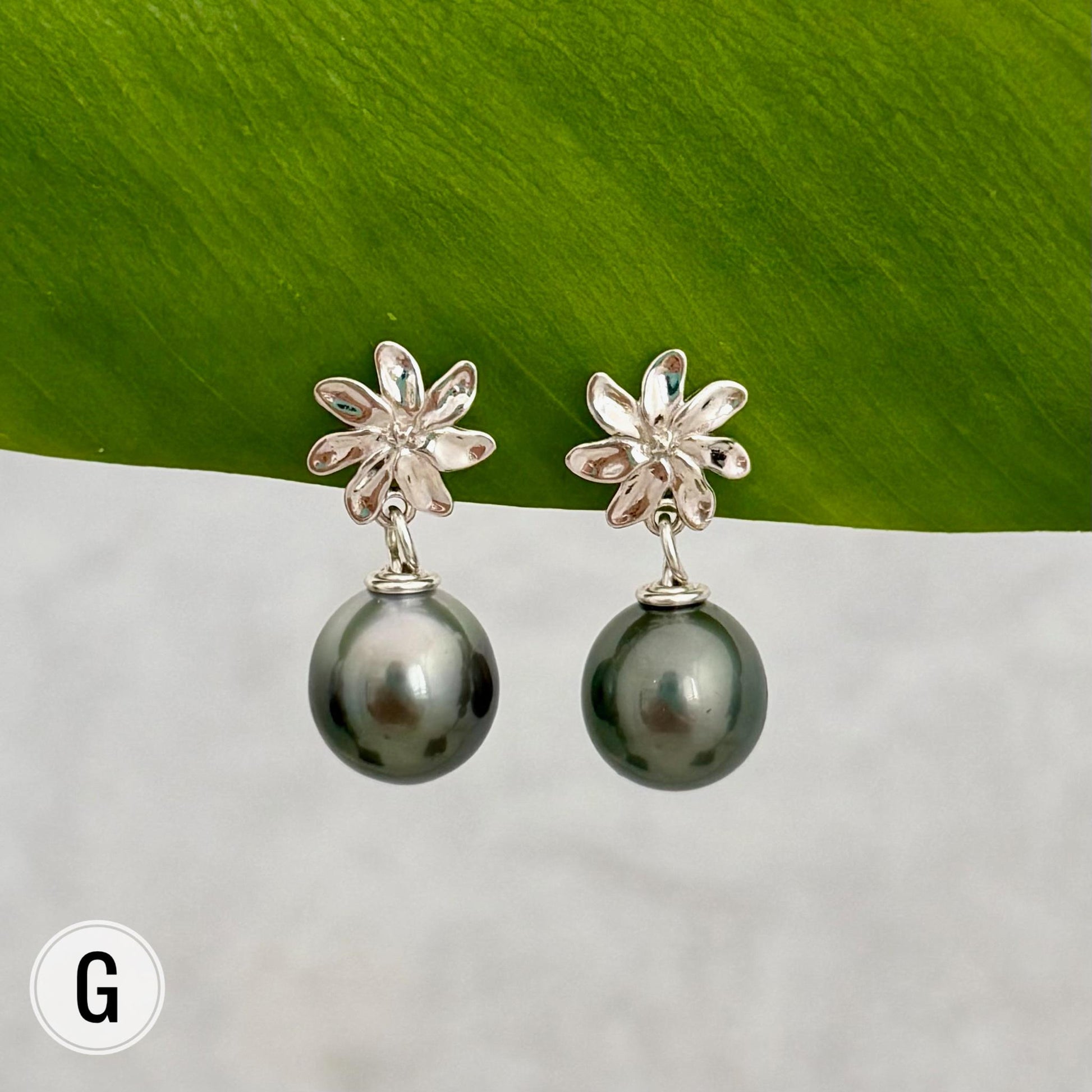 Tahitian pearl earrings — Gardenia Tiare flower • Sterling silver jewelry