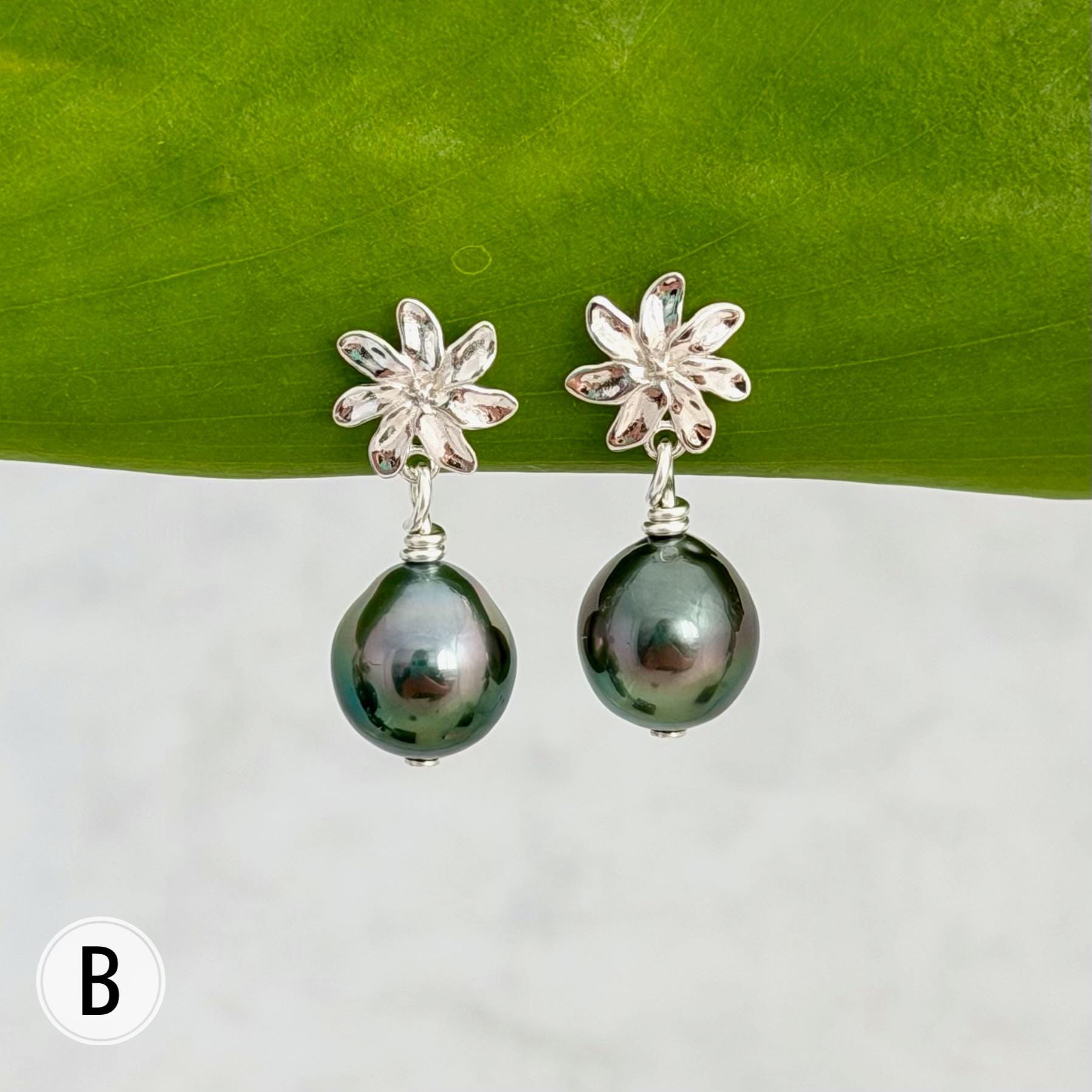 Tahitian pearl earrings — Gardenia Tiare flower • Sterling silver jewelry