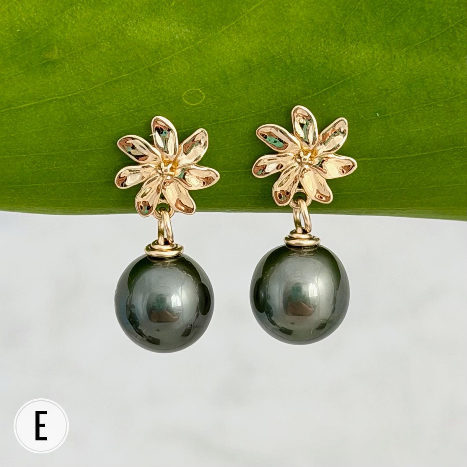 Tahitian pearl stud earrings — Gardenia Tiare flower • Gold jewelry
