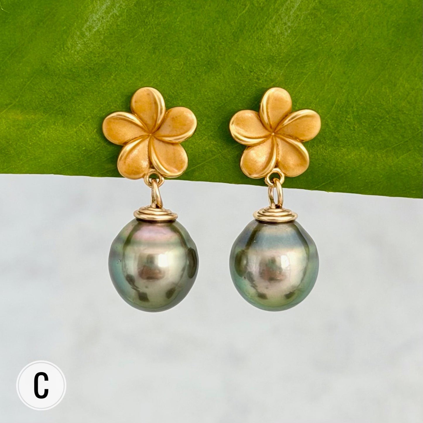 Tahitianl Black Pearl Earrings • PLUMERIA Stud jewelry • Gold