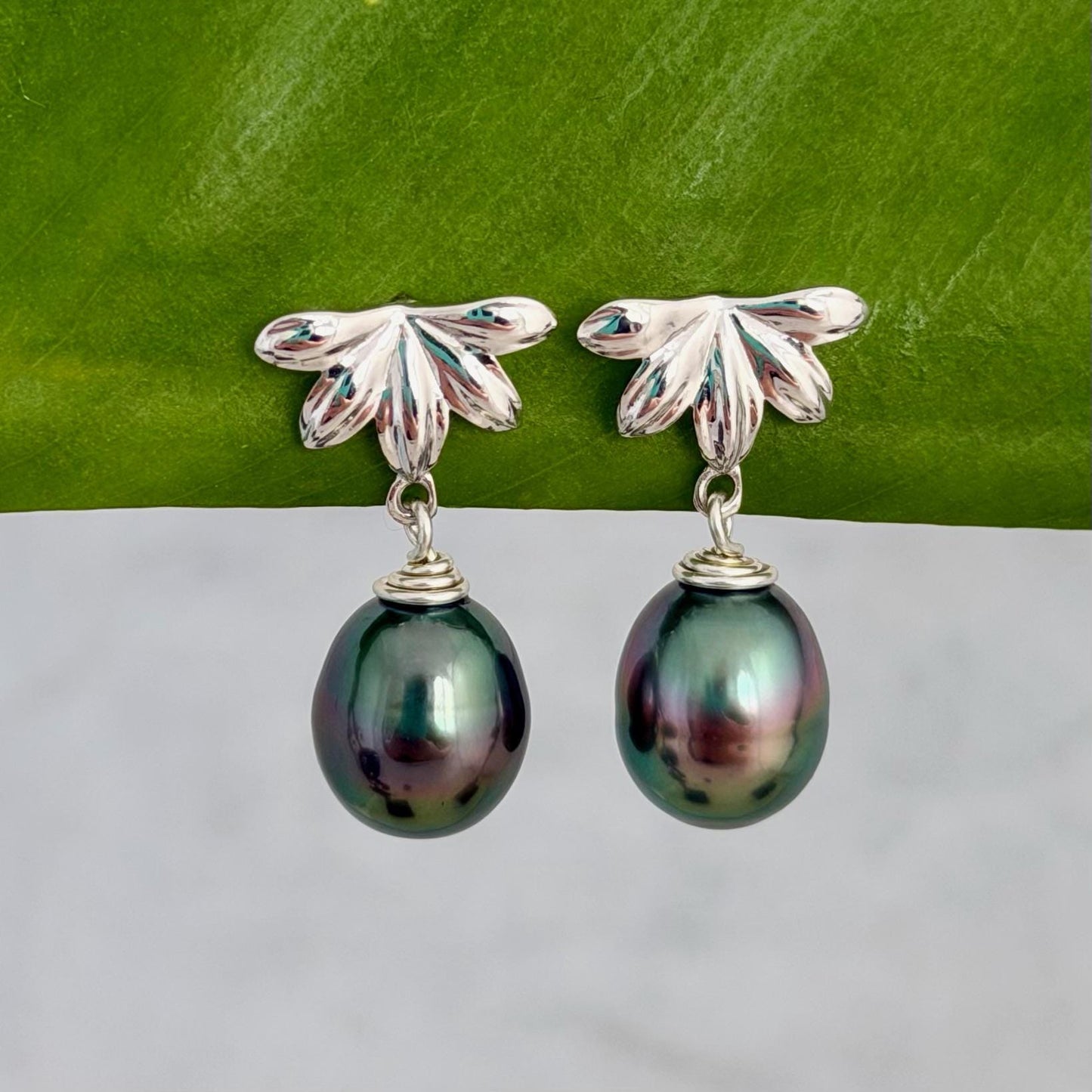 Naupaka Stud Earrings • Tahitian Pearl Drop Earrings • Hawaiian Jewelry in Sterling Silver