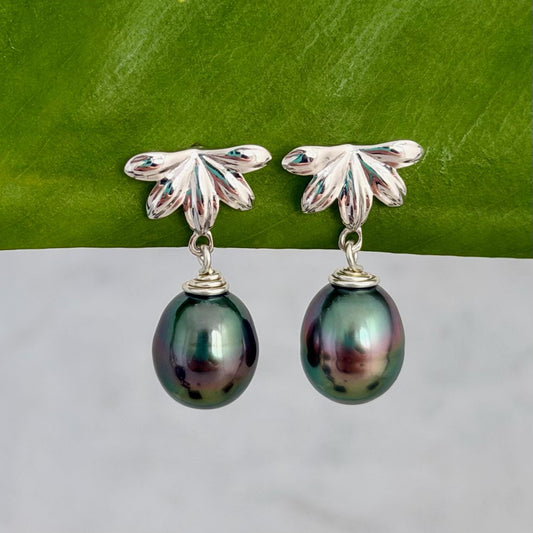 Naupaka Stud Earrings • Tahitian Pearl Drop Earrings • Hawaiian Jewelry in Sterling Silver