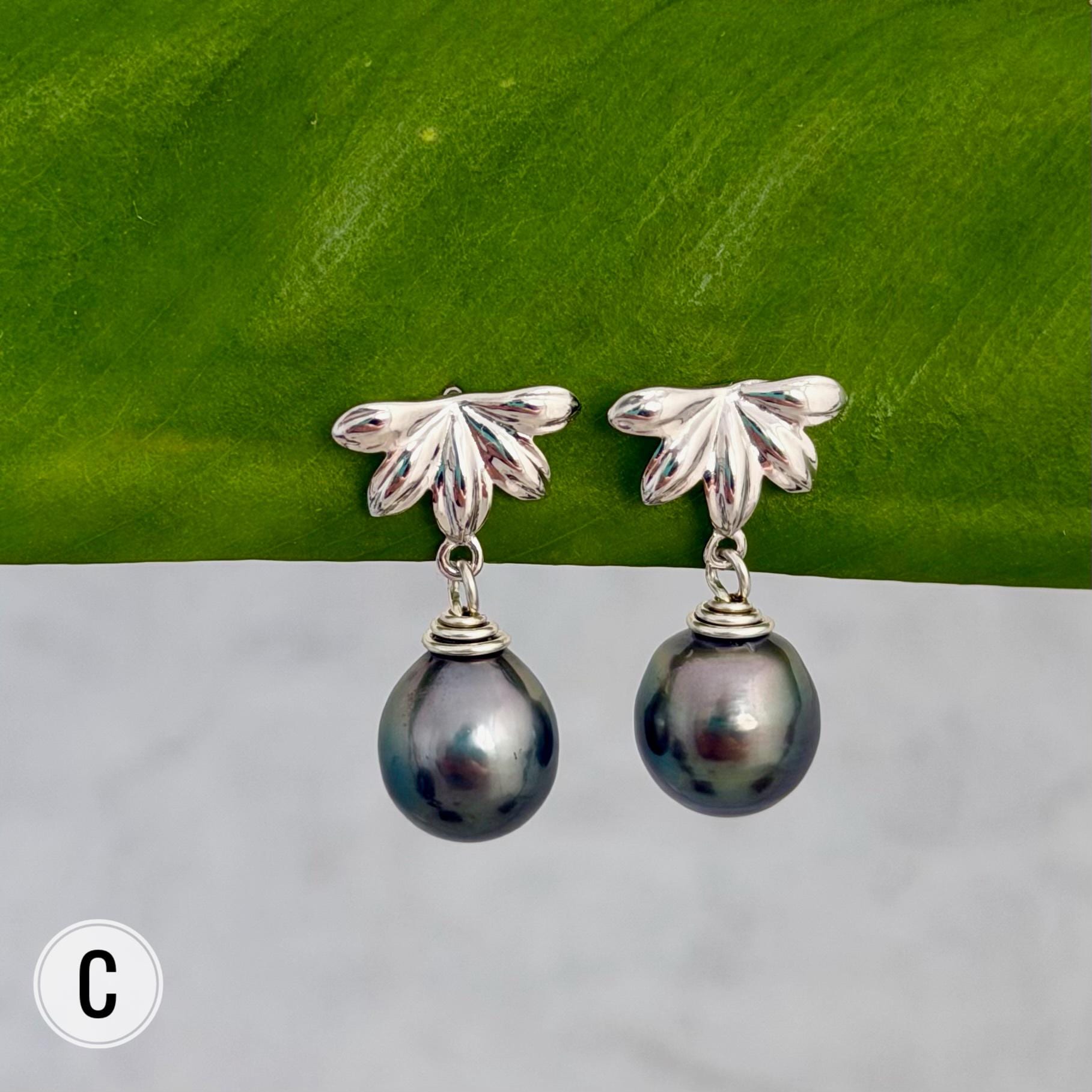 Naupaka Stud Earrings • Tahitian Pearl Drop Earrings • Hawaiian Jewelry in Sterling Silver