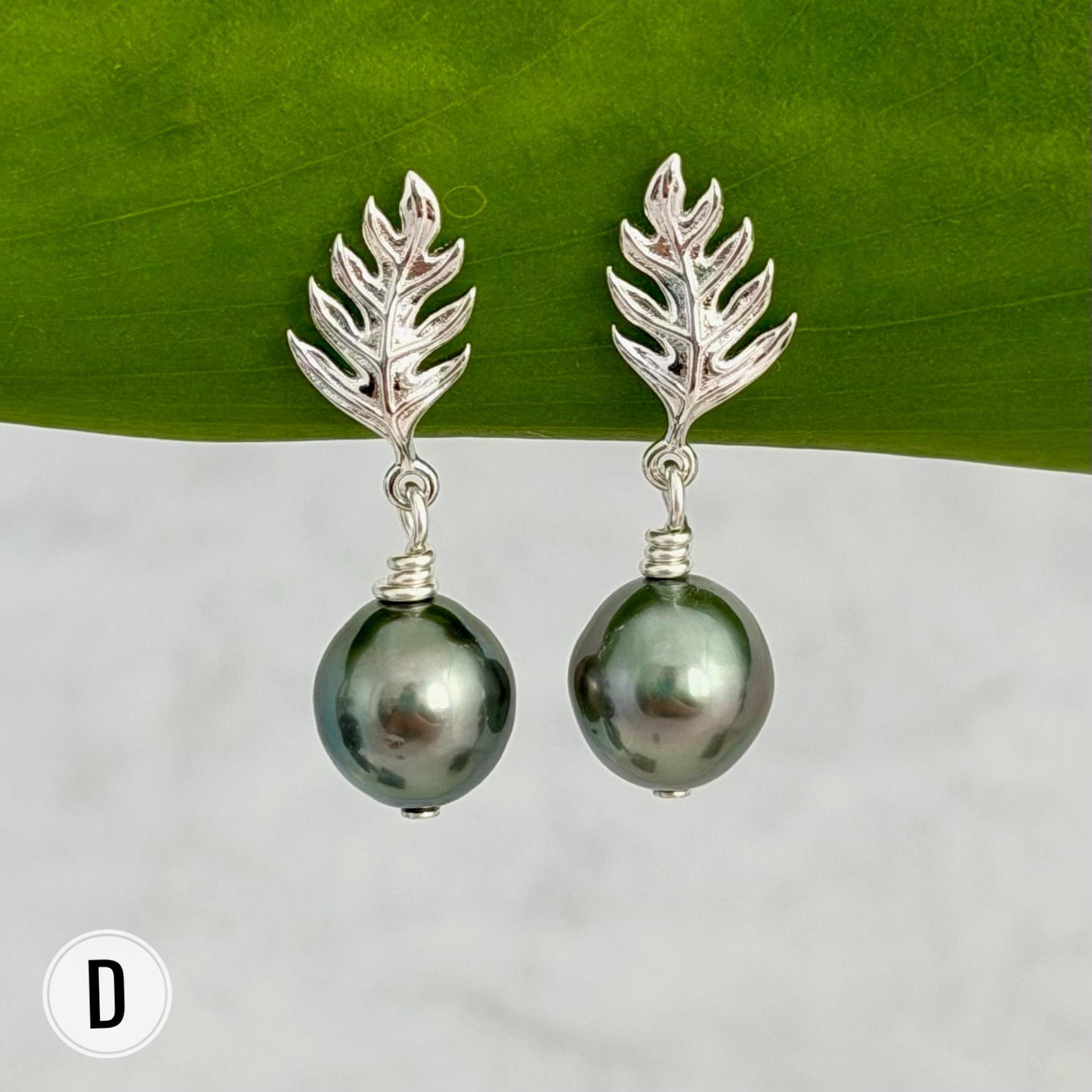 Ulu Leaf and Tahitian Pearl Stud Earrings — Sterling Silver jewelry