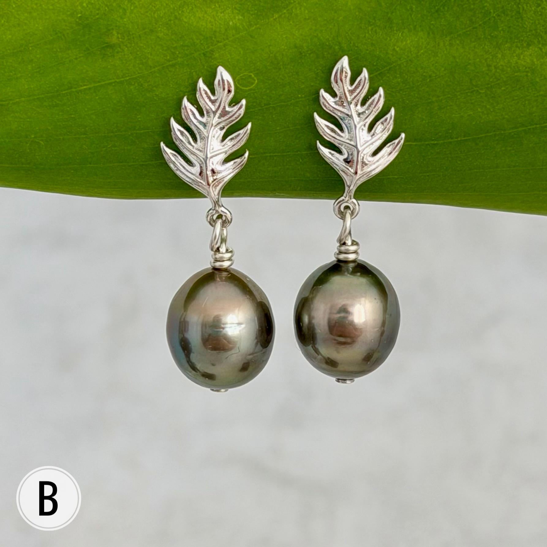 Ulu Leaf and Tahitian Pearl Stud Earrings — Sterling Silver jewelry