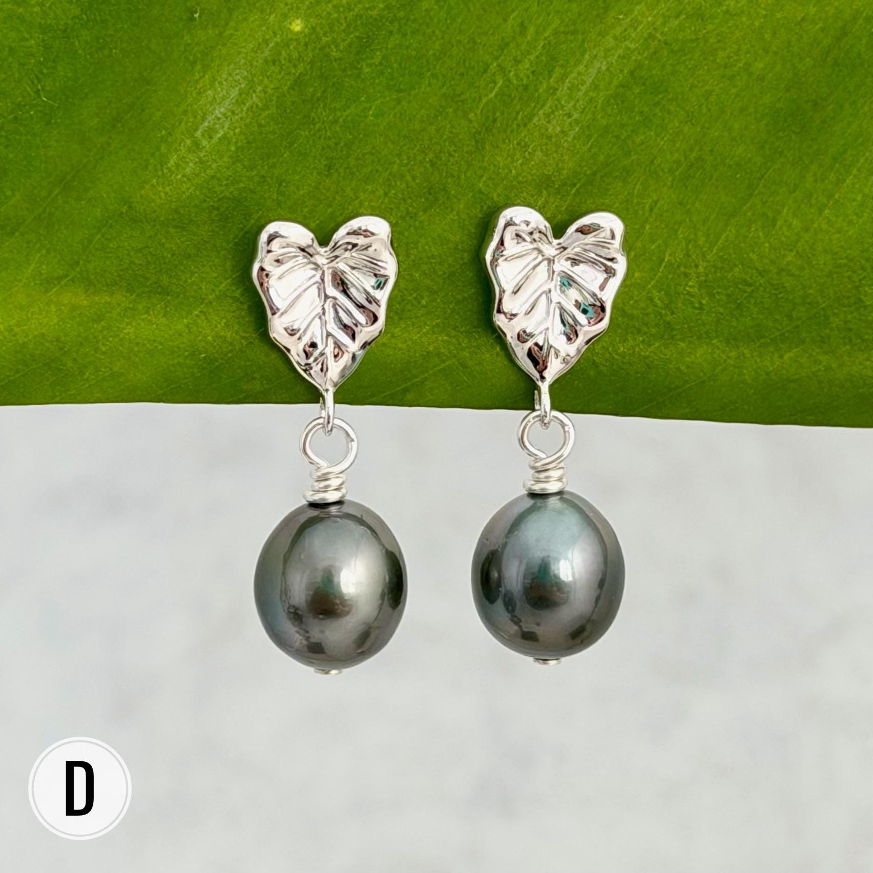 Tahitian pearl earrings — Kalo stud jewelry • Tropical Leaf design • Sterling silver