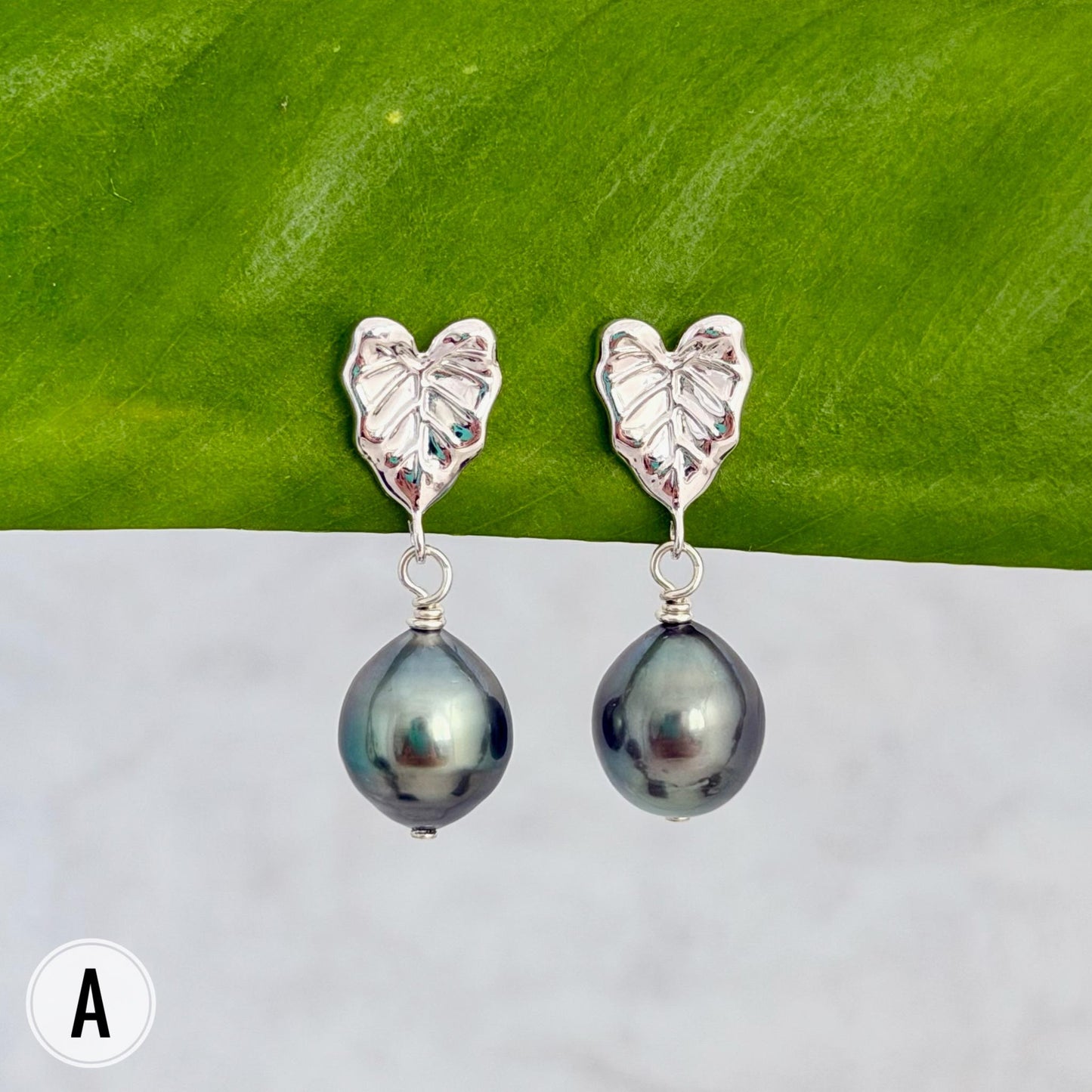 Tahitian pearl earrings — Kalo stud jewelry • Tropical Leaf design • Sterling silver