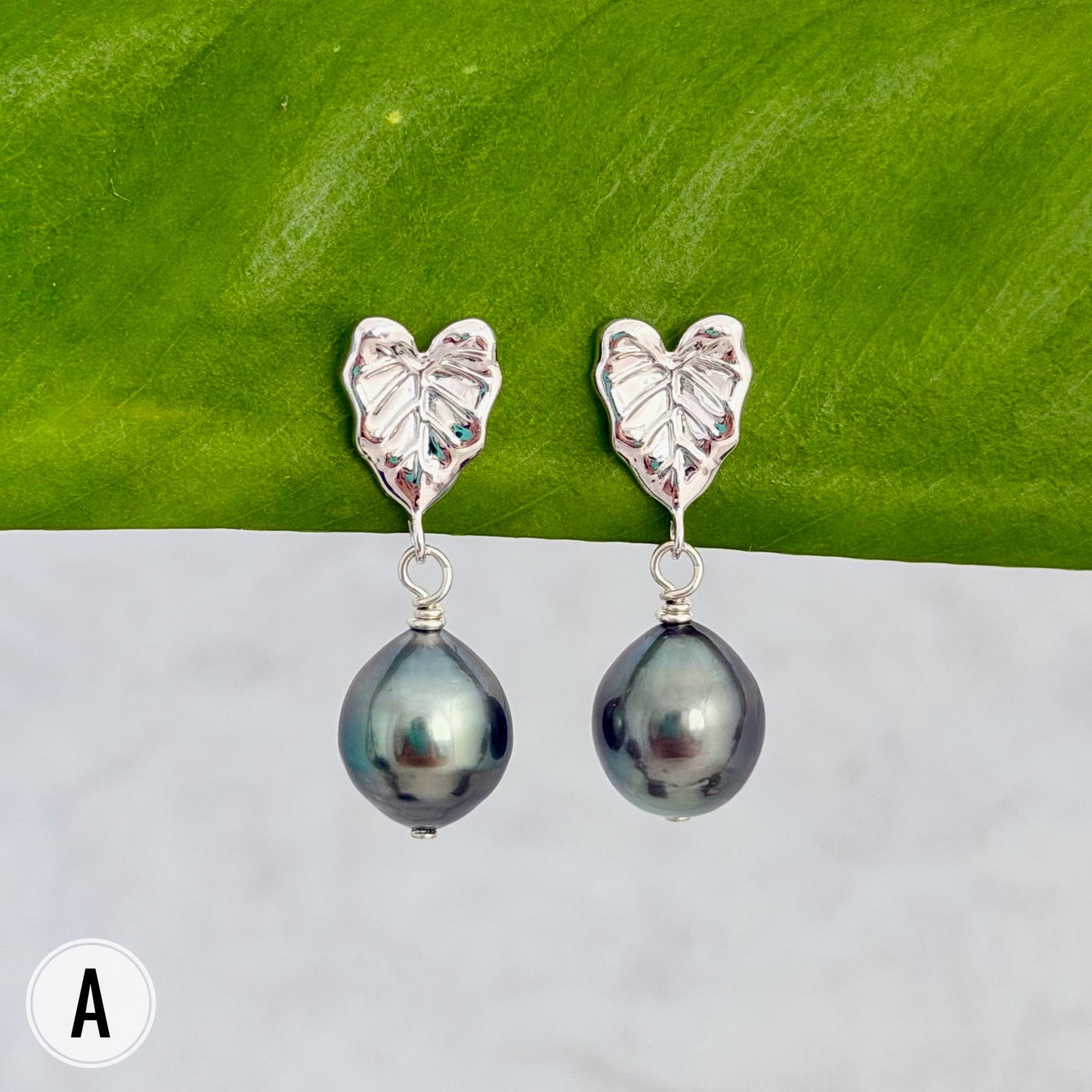 Tahitian pearl earrings — Kalo stud jewelry • Tropical Leaf design • Sterling silver